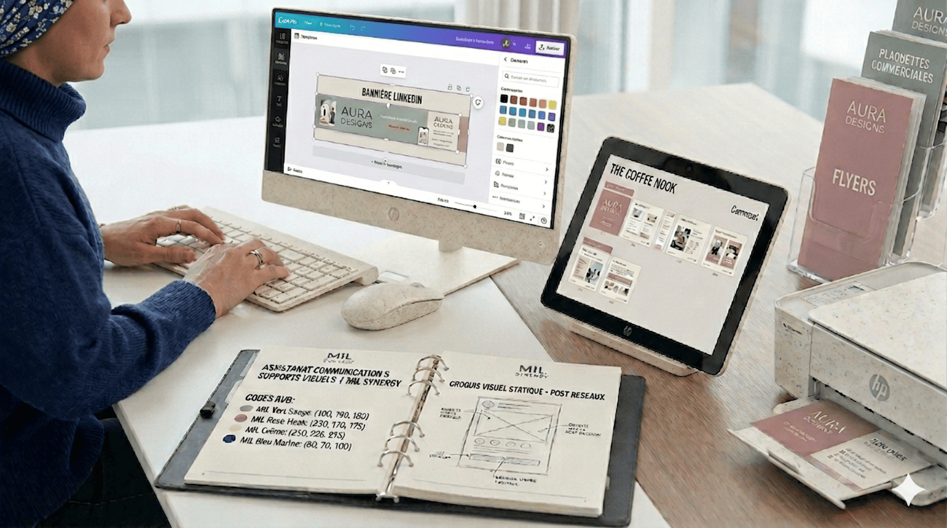 On voit le bureau de MIL Synergy, avec sur le PC une création de bannière LinkedIn sur Canva, sur la tablette un carrousel, un classeur avec croquis pour une image, un dossier Flyers et une carte de visite qui s'imprime.