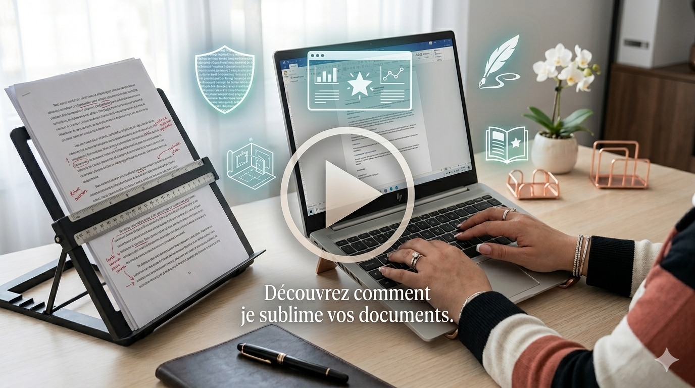 On voit Stéphanie MEKHAT-LEFORT entrain de saisir un document, sur un bureau en bois claire avec un porte-copie, plusieurs icone bouclier, plume, livre, un plan, une diapositive. Puis un grand Play pour cliquer et découvrir les services MIL Synergy.