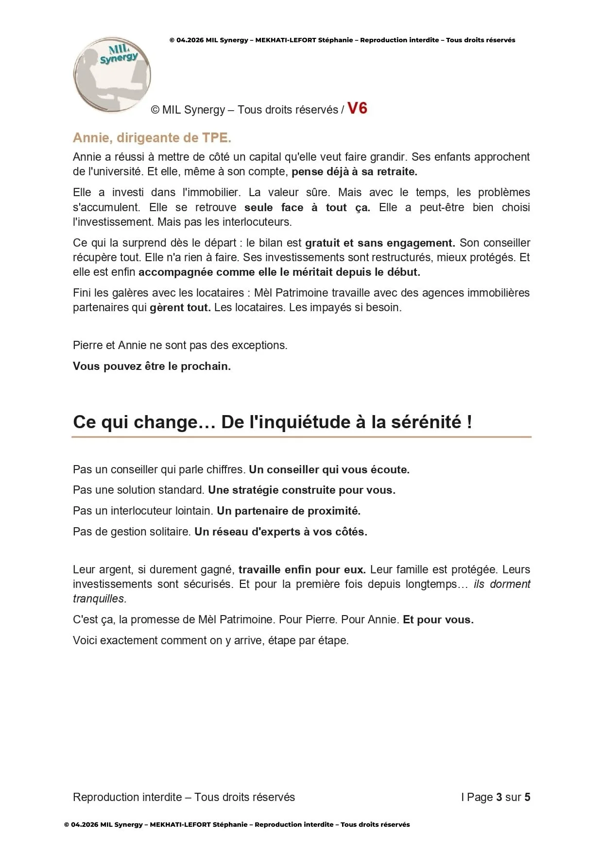 Portfolio : Page de vente V6, Page 3. Par Stéphanie MEKHATI-LEFORT, dirigeante Mil Synergy, Copywritrice certifiée.