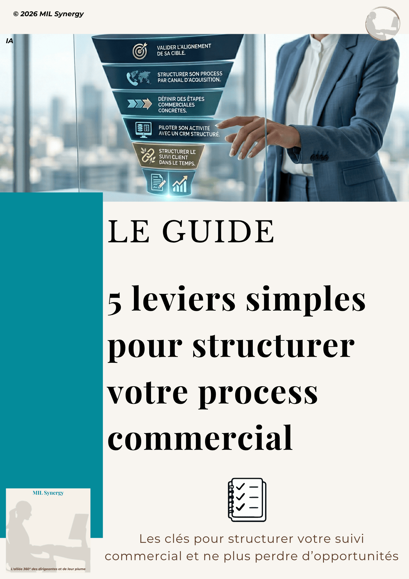 On voit la couverture du guide offert par MIL Synergy les 5 leviers simples pour structurer votre process commercial écrit par Stéphanie MEKHATI-LEFORT