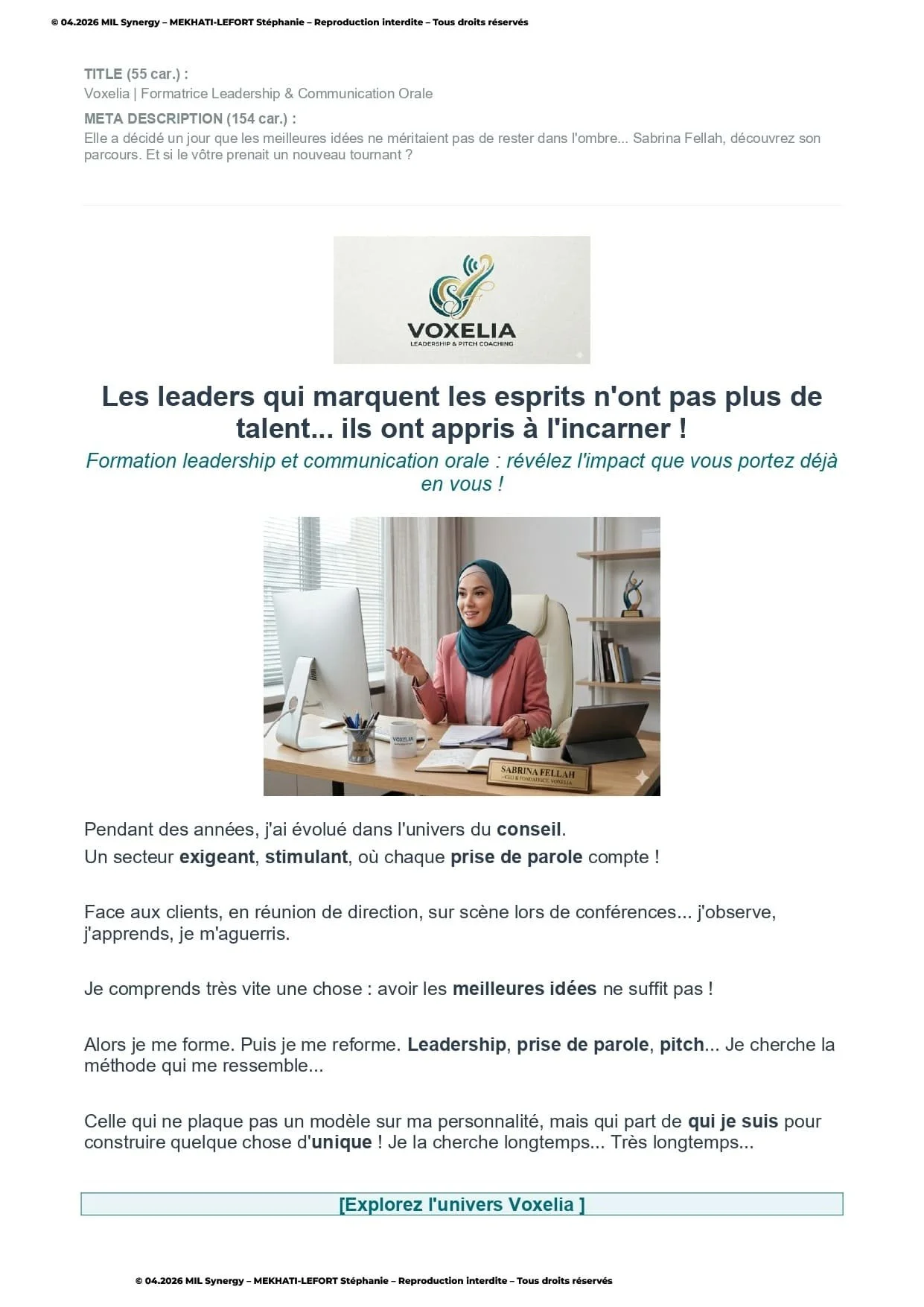 Portfolio : Page à propos, Page 1. Par Stéphanie MEKHATI-LEFORT, dirigeante de MIL Synergy, Copywritrice certifiée.