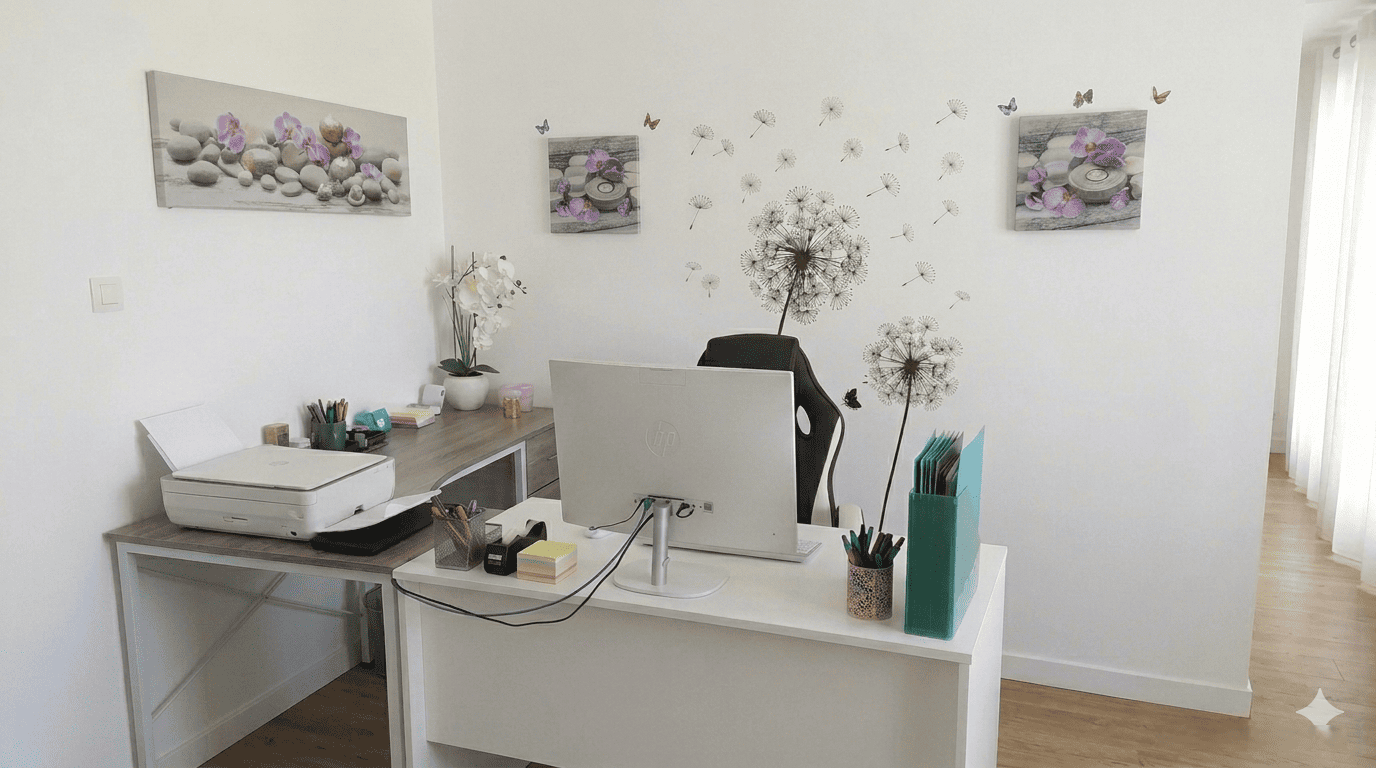 Bureau de Stéphanie MEKHATI-LEFORT (MIL Synergy). Bureau blanc avec écran HP, clavier et imprimante. Décor zen : orchidée, triptyque violet et stickers pissenlits noirs sur mur blanc. Un espace de travail professionnel, lumineux et très ordonné.