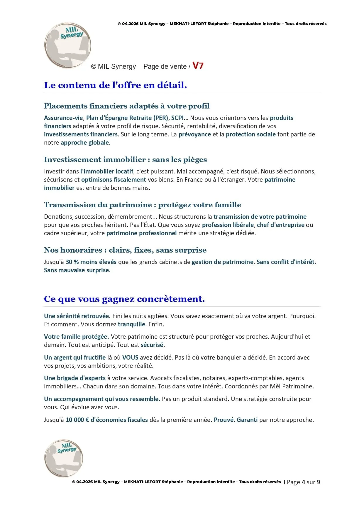 Portfolio : Page de vente V7, Page 4. Par Stéphanie MEKHATI-LEFORT, dirigeante Mil Synergy, Copywritrice certifiée.