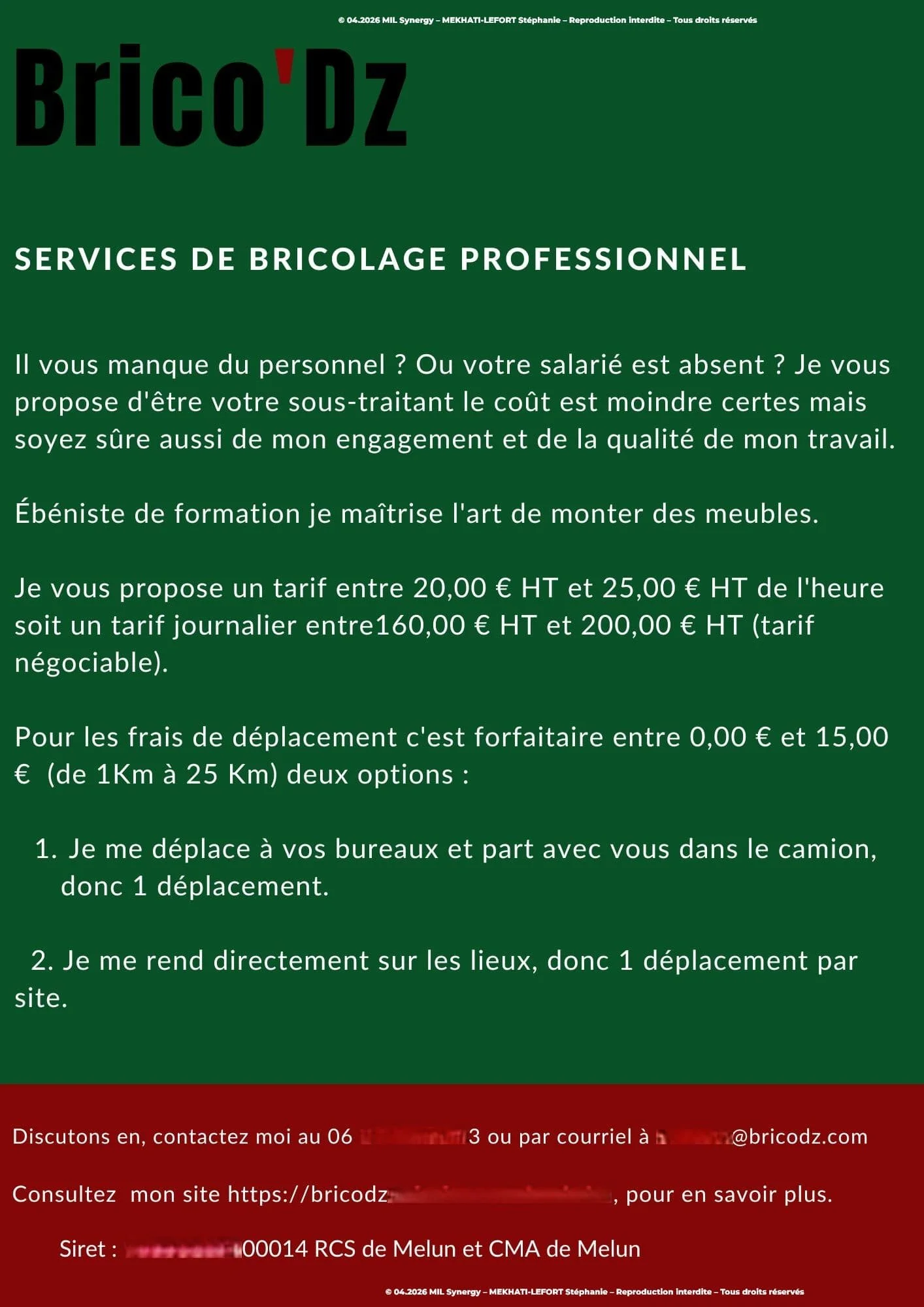 Plaquette destinée pour les cuisiniste, pour un solopreneur du bricolage. (verso) . Fait via Canva par Mme MEKHATI-LEFORT Stéphanie dirigeante de MIL Synergy