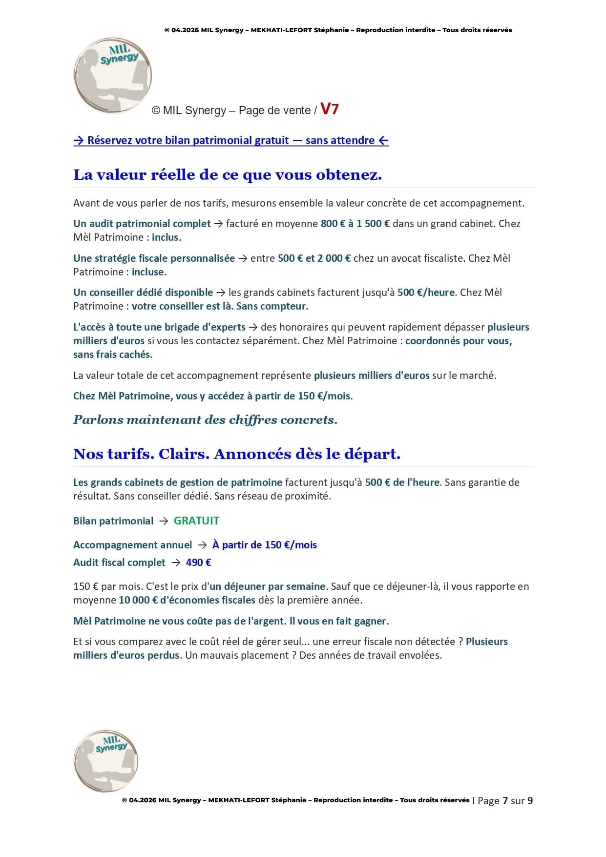 Portfolio : Page de vente V7, Page 7. Par Stéphanie MEKHATI-LEFORT, dirigeante Mil Synergy, Copywritrice certifiée.