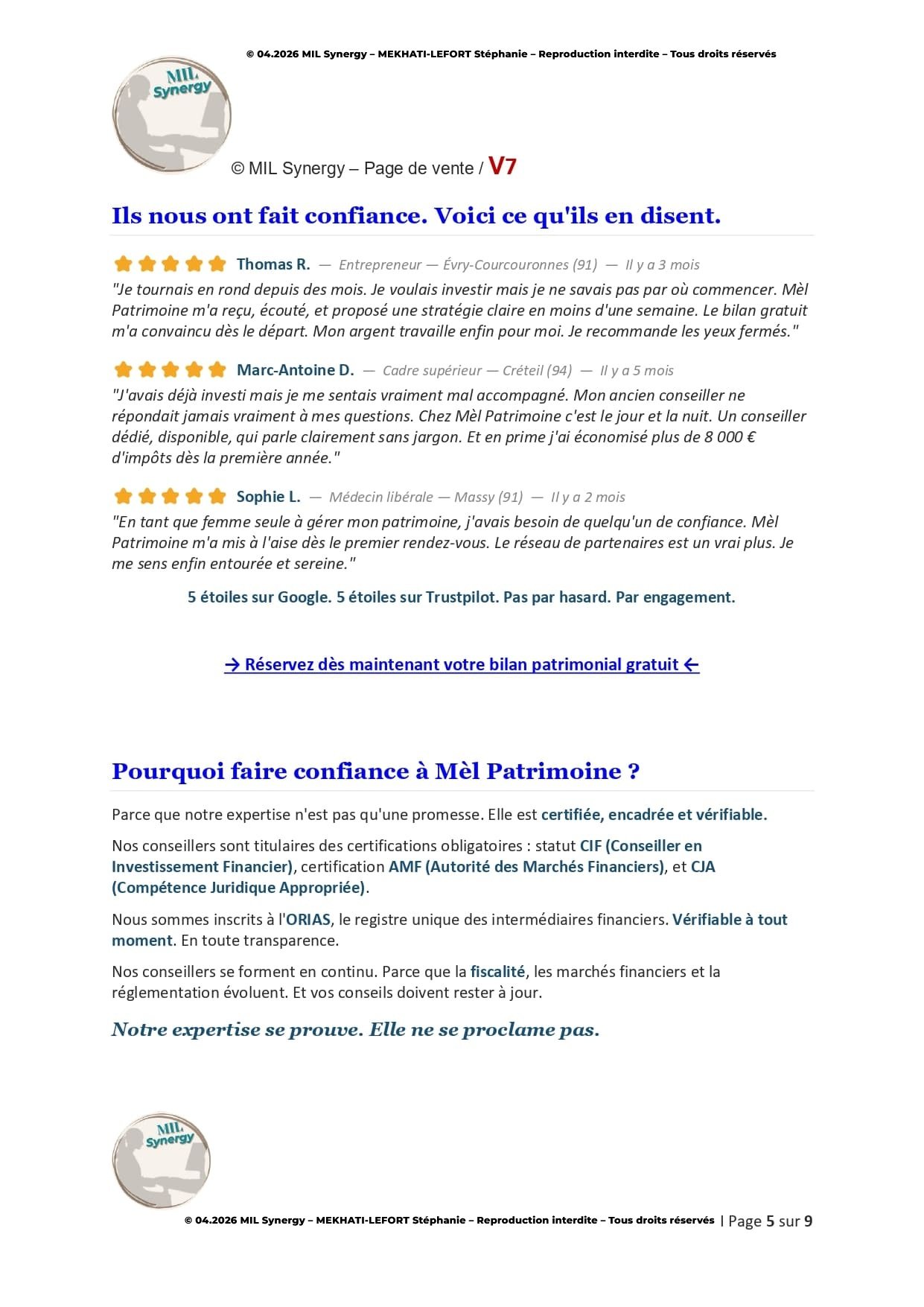Portfolio : Page de vente V7, Page 1. Par Stéphanie MEKHATI-LEFORT, dirigeante Mil Synergy, Copywritrice certifiée.