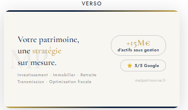 Verso de la carte de gestionnaire de patrimoine là le fond et claire, donne des indicateurs social et le slogan. Faite via Canva par Mme MEKHATI-LEFORT Stéphanie dirigeante de MIL Synergy