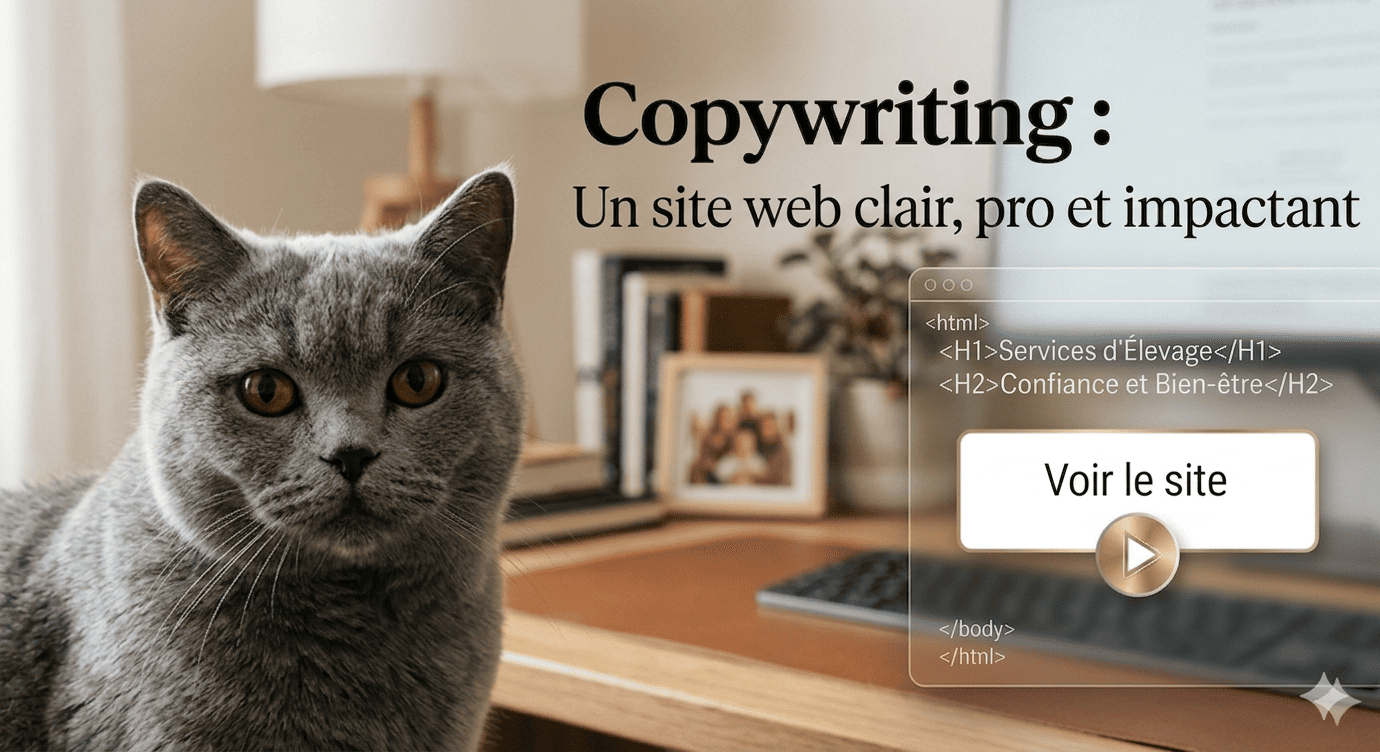 On voit un chat gris en premier plan, à coté un écran avec une touche play et "voir le site" Le titre Copywriting l'une des casquettes de Stéphanie MEKHATI-LEFORT et donc l'un des services de MIL Synergy