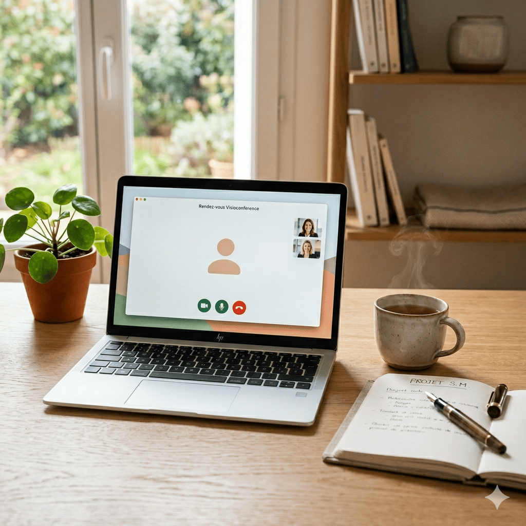 On voit sur un bureau bois claire un carnet sur lequel se trouve les notes écrite par Stéphanie MEKHATI-LEFORT sur un projet, une PC avec une interface de visioconférence.