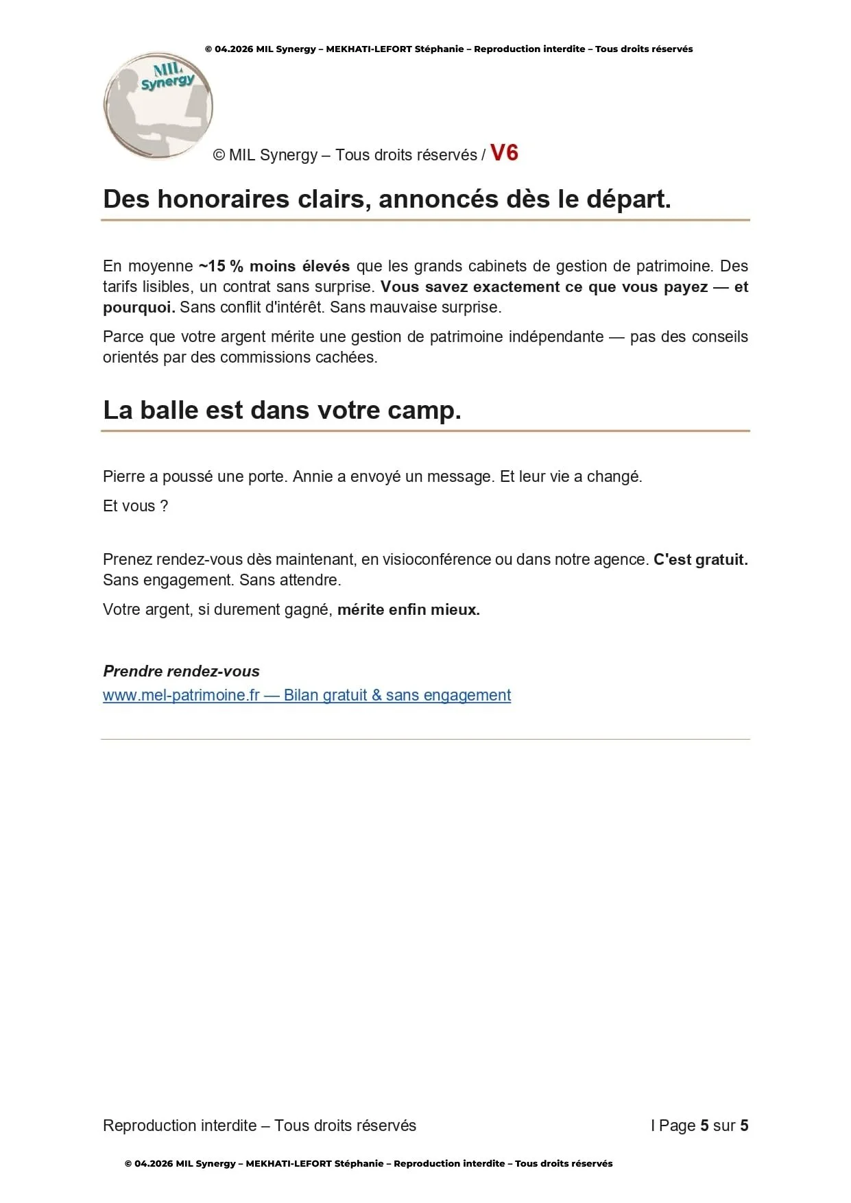 Portfolio : Page de vente V6, Page 5. Par Stéphanie MEKHATI-LEFORT, dirigeante Mil Synergy, Copywritrice certifiée.