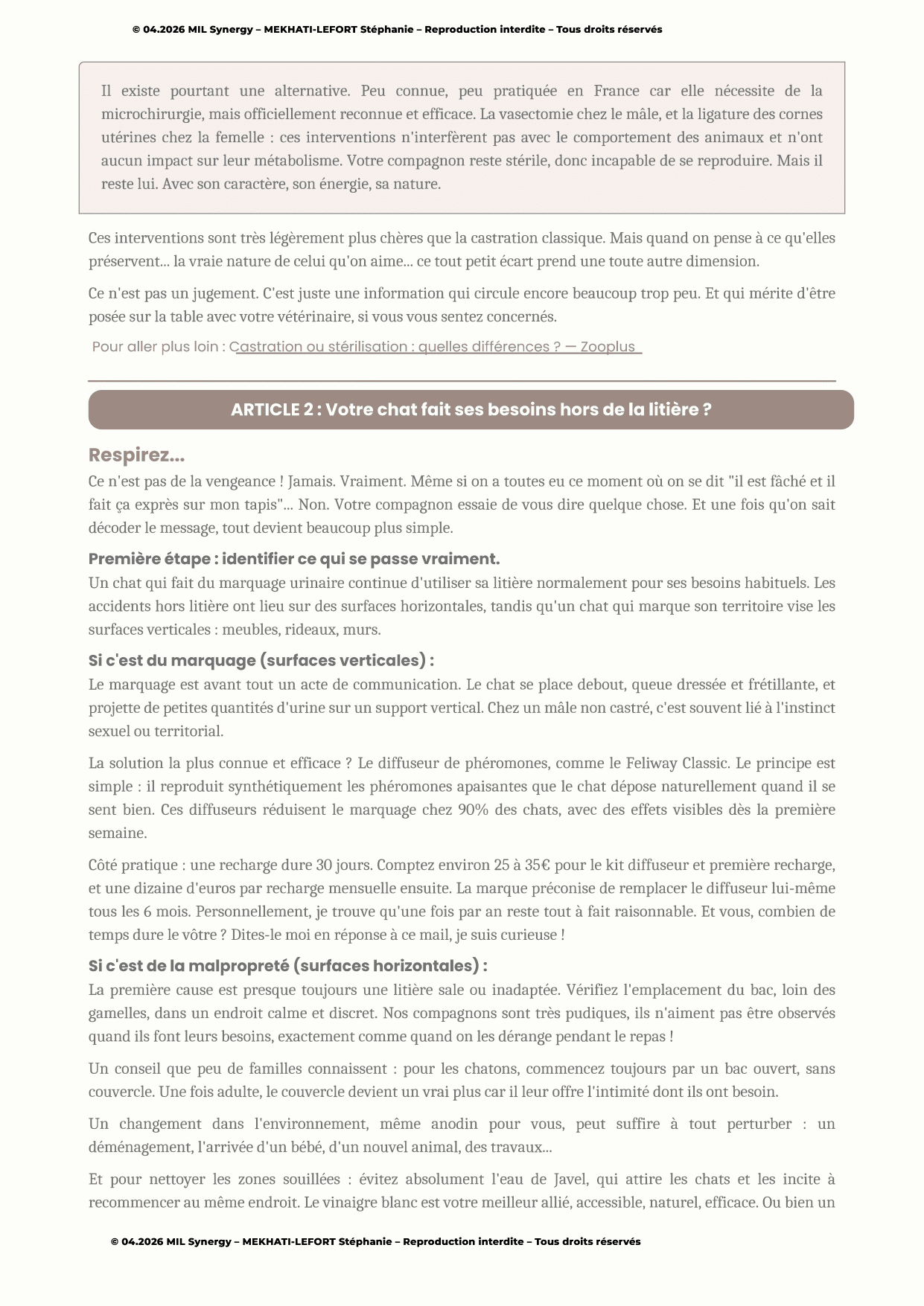 Portfolio : Newsletter, chats. Deuxième page, avec un second article lié au comportement du chat. Faite par Stéphanie MEKHATI-LEFORT, dirigeante de MIL Synergy, Copywritrice certifiée.
