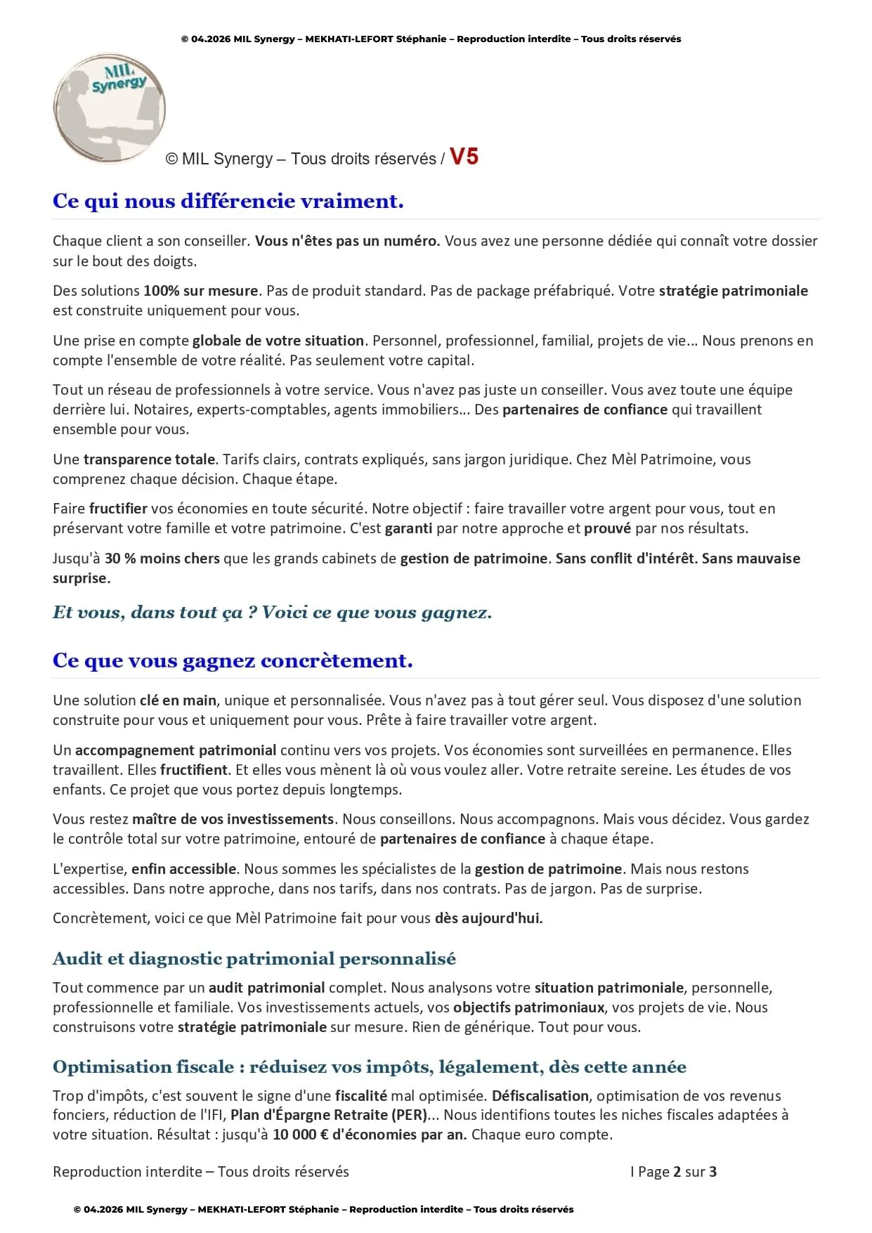 Portfolio : Page de vente V5, Page 2. Par Stéphanie MEKHATI-LEFORT, dirigeante Mil Synergy, Copywritrice certifiée.