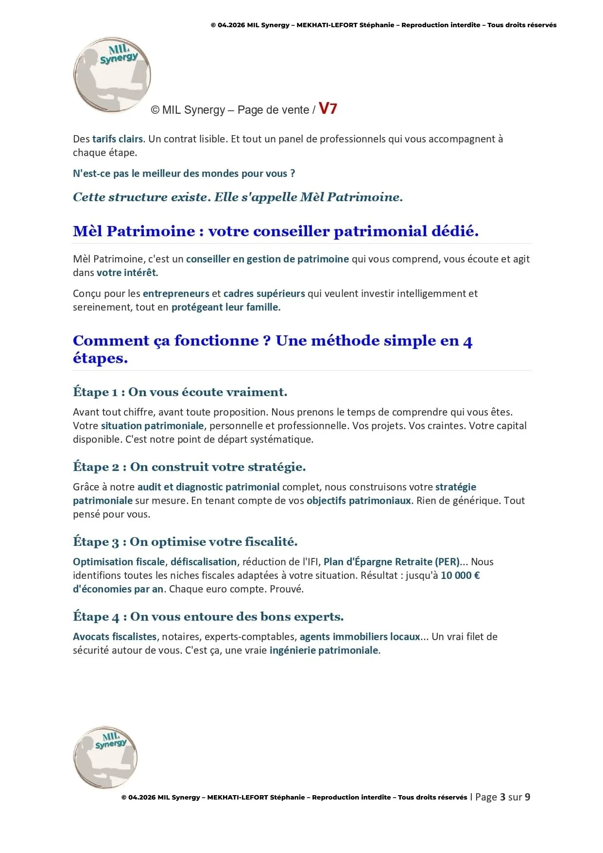 Portfolio : Page de vente V7, Page 3. Par Stéphanie MEKHATI-LEFORT, dirigeante Mil Synergy, Copywritrice certifiée.