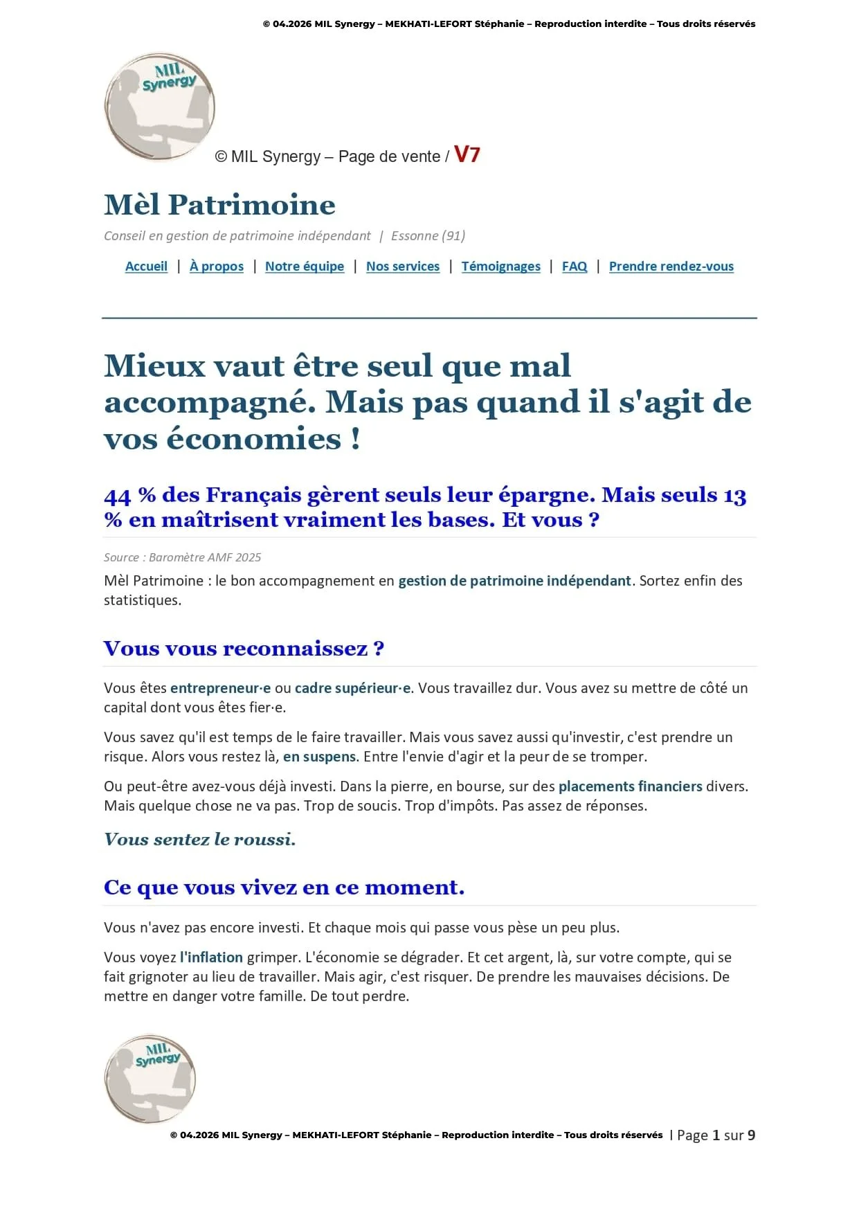 Portfolio : Page de vente V7, Page 1. Par Stéphanie MEKHATI-LEFORT, dirigeante Mil Synergy, Copywritrice certifiée.