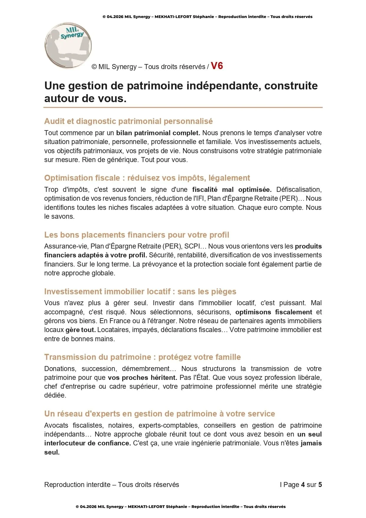 Portfolio : Page de vente V6, Page 4. Par Stéphanie MEKHATI-LEFORT, dirigeante Mil Synergy, Copywritrice certifiée.
