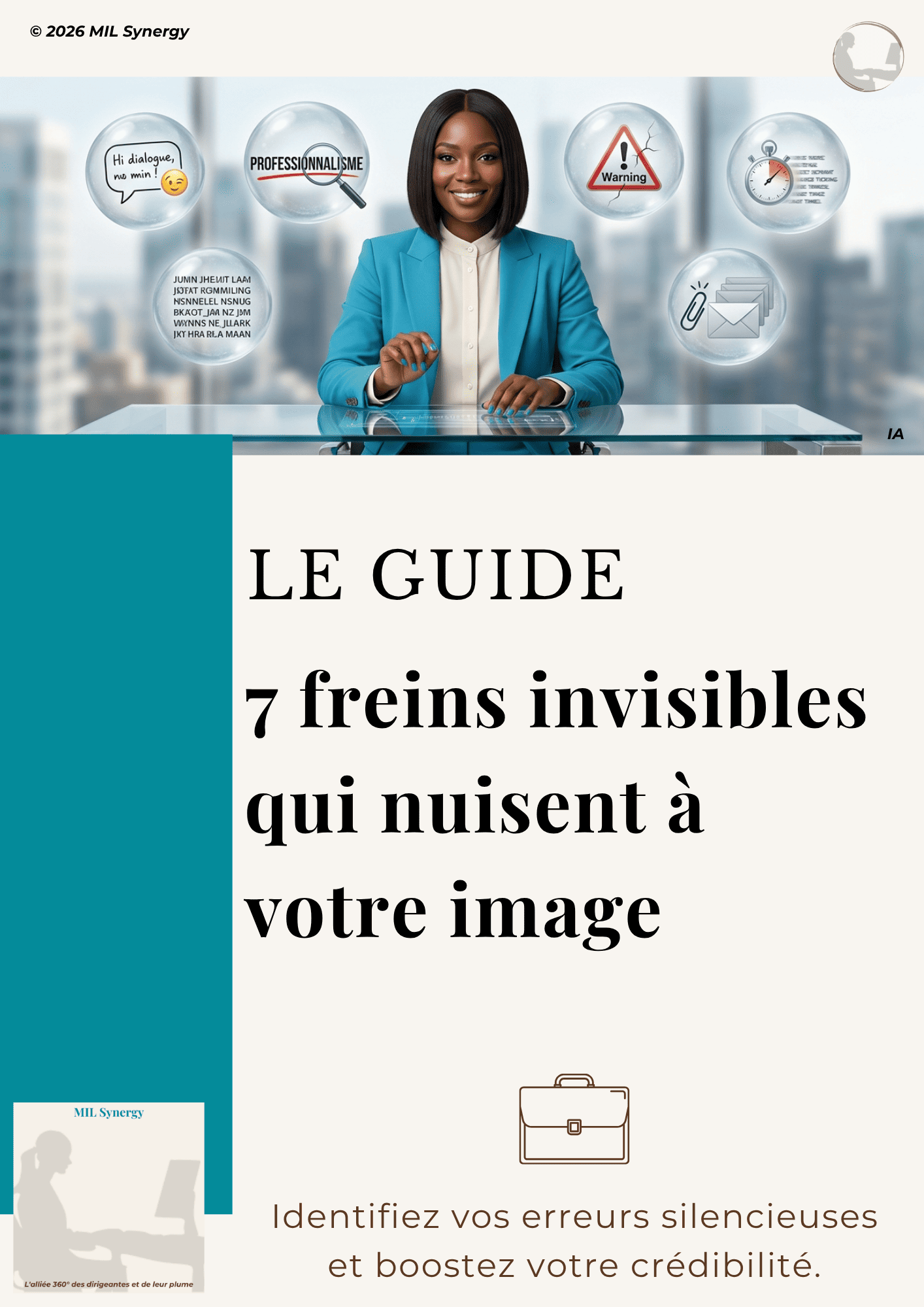 On voit l'apperçu (la première page donc la couverture) du guide fait par Stéphanie MEKHATI-LEFORT les 7 freins invisibles qui nuisent à votre image. Offert par MIL Synergy