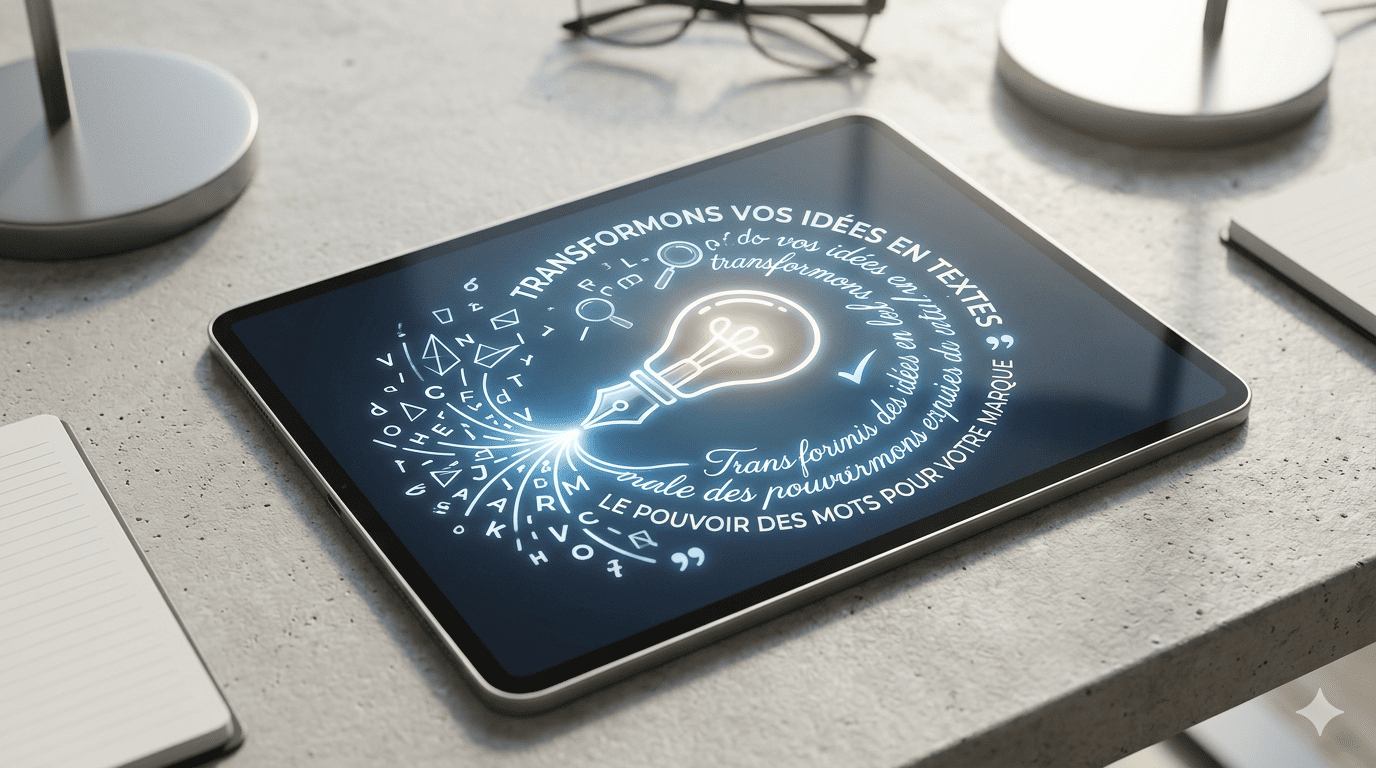 Le bureau de MIL Synergy avec une tablette et une image qui représente la puissance des mots mais aussi de la plume de Stéphanie MEKHATI-LEFORT qui transforme vos idées en texte puissant.