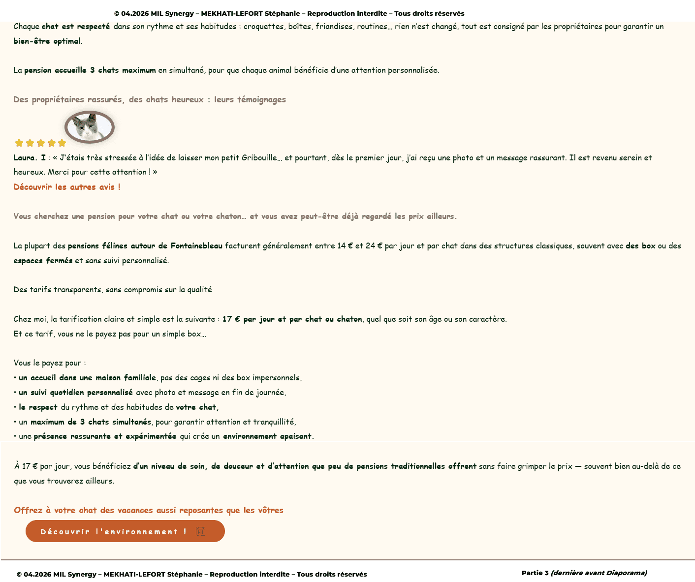 Dernière partie de la page de vente pension chats. Il y'a un témoigne, les tarifs, et l'invitation à visiter. Faite par Stéphanie MEKHATI-LEFORT, dirigeante de MIL Synergy, Copywritrice certifiée.