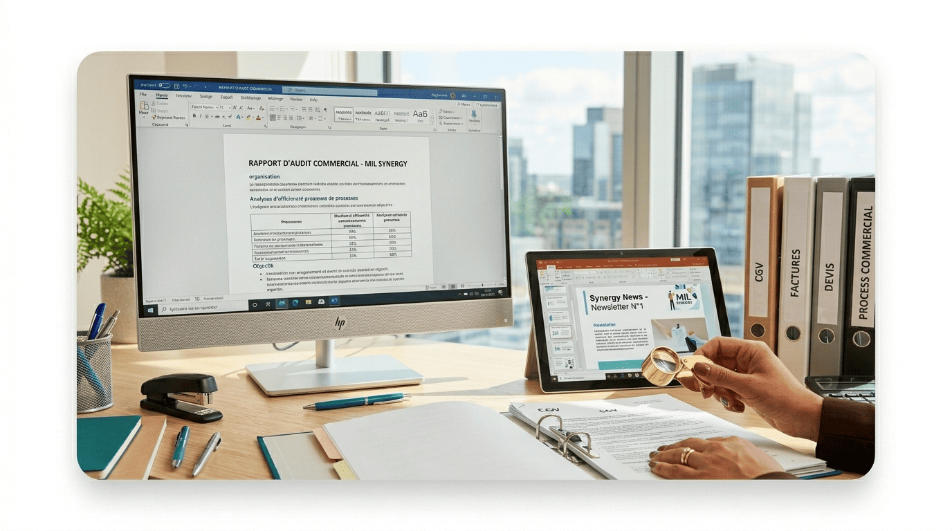 On voit le bureau de MIL Synergy, et Stéphanie MEKHATI-LEFORT tient une loupe pour représenter les audits factures, CGV, devis, process commercial et template emailing qu'elle propose.