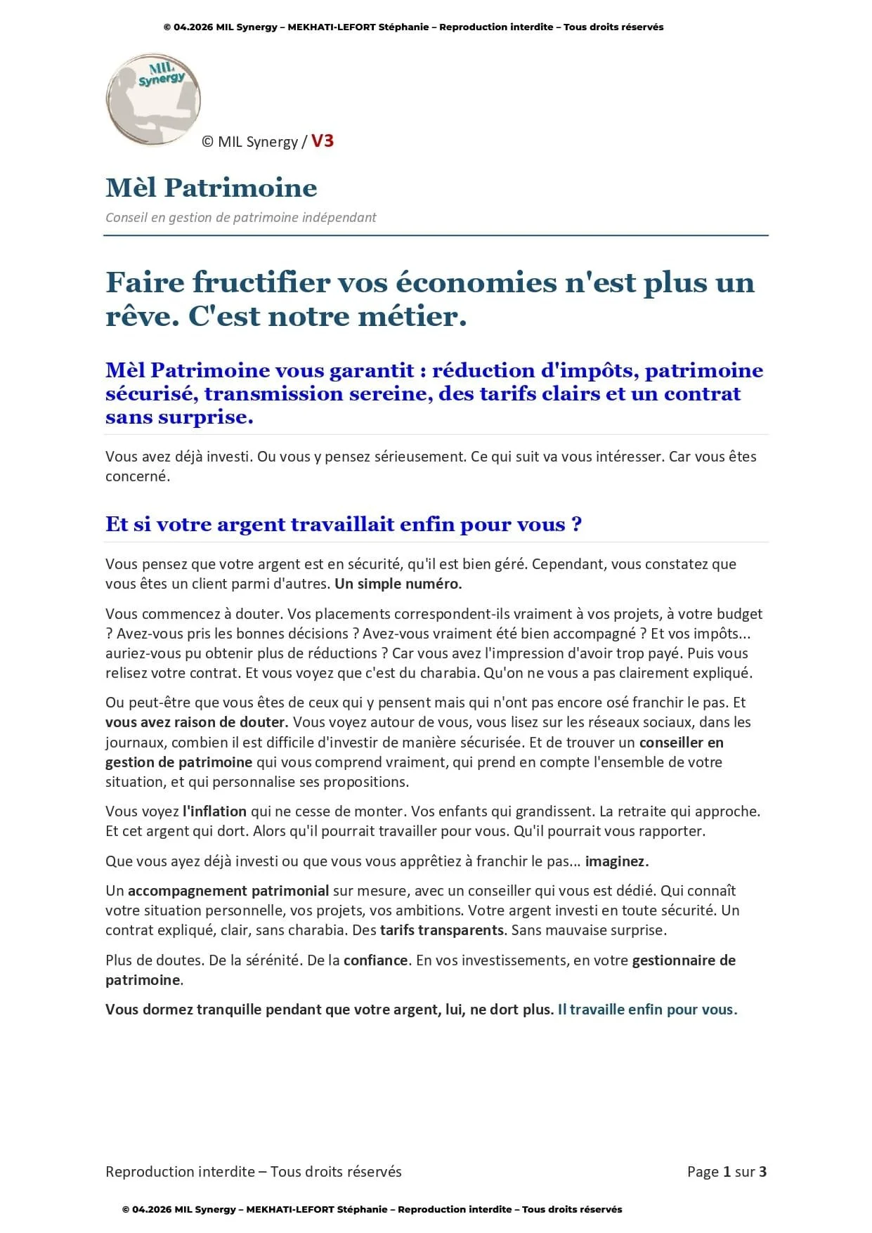 Portfolio : Page de vente V3, Page 1. Par Stéphanie MEKHATI-LEFORT, dirigeante Mil Synergy, Copywritrice certifiée.