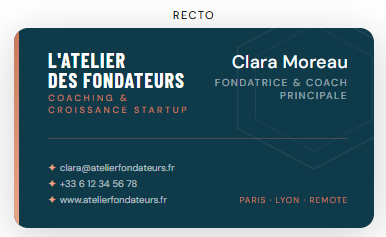 Une carte de visite moderne, respectant la charte graphique donnée, recto. Fond foncé. Faite par Mme MEKHATI-LEFORT Stéphanie dirigeante de MIL Synergy.