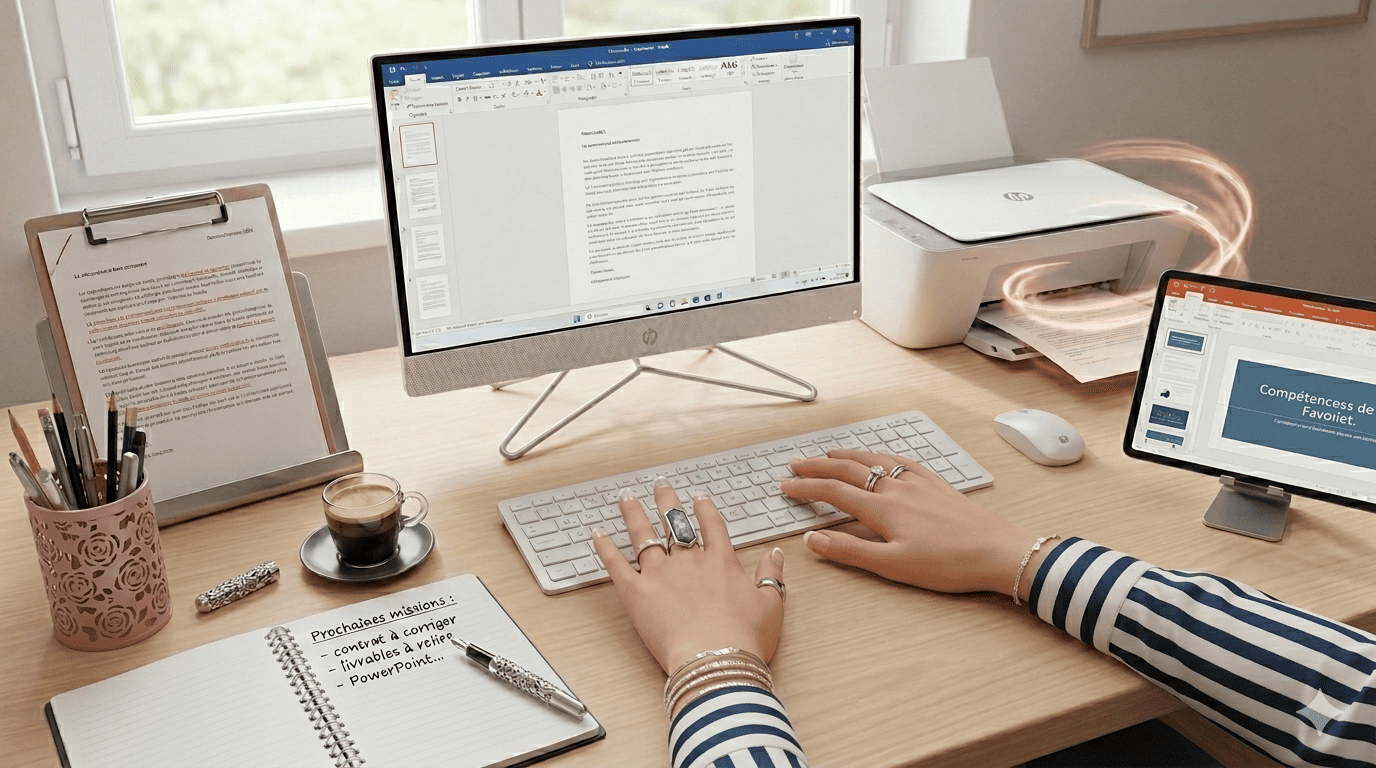 C'est un bureau bois claire, sur le PC un document en cours de rédaction, à gauche un porte document avec un texte corrigé, sur la tablette une présentation. Un carnet avec une checklist. L'environnement rangé et féminin de Stéphanie MEKHATI-LEFORT