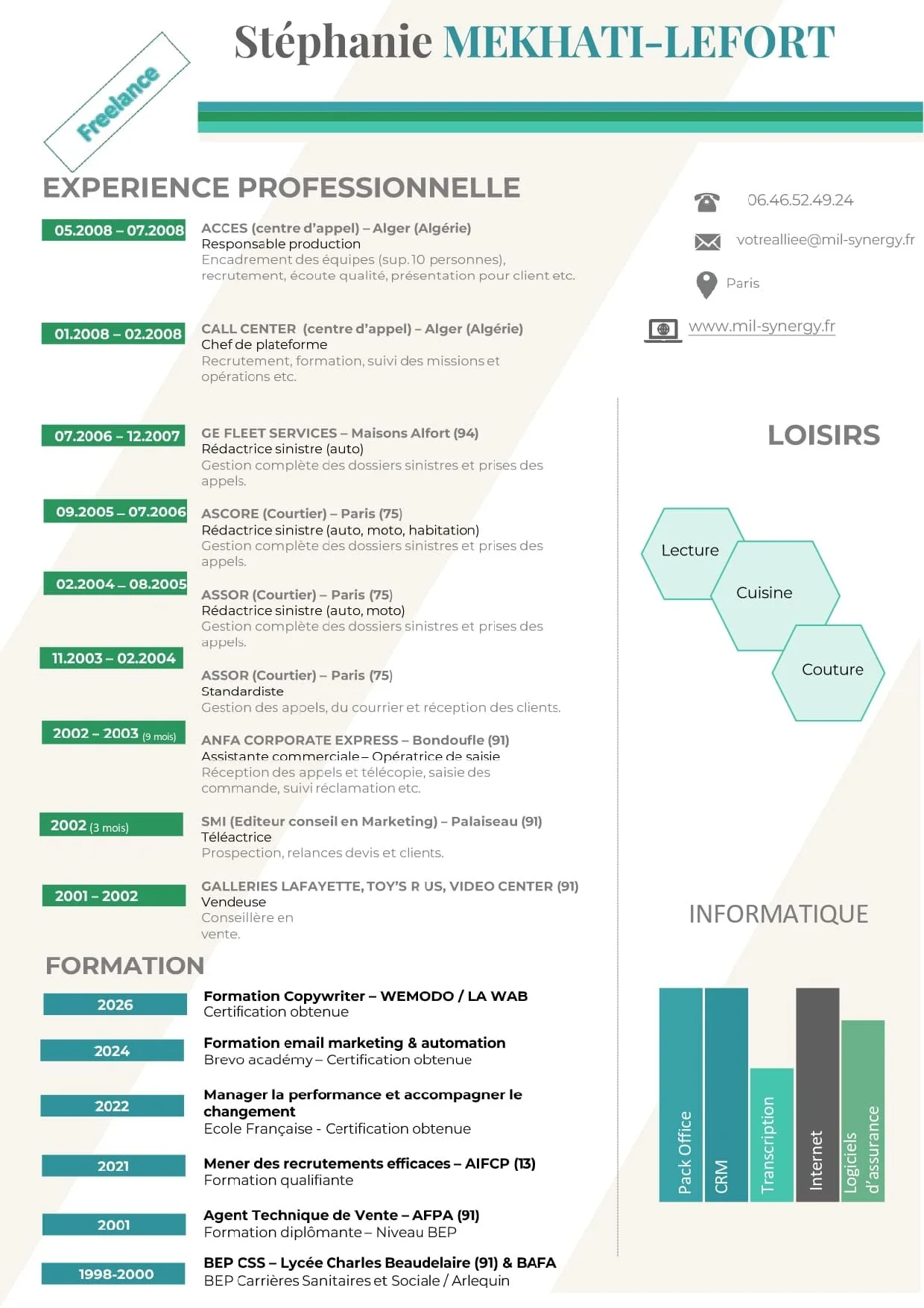 Voici la seconde page du curriculum vitae de Stéphanie MEKHATI-LEFORT dirigeante de MIL Synergy, sur cette page on voit la suite de son parcours professionnel, ses formations, ses loisirs et ses compétences informatique.