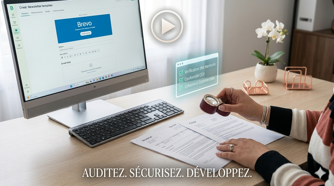 On voit le bureau de MIL Synergy, avec Stéphanie MEKHATI-LEFORT elle tient une loupe à main pour voir des CGV, une facture et un devis. Sur son écran de PC on voit un template de newsletter. Le tout pour faire des Audits