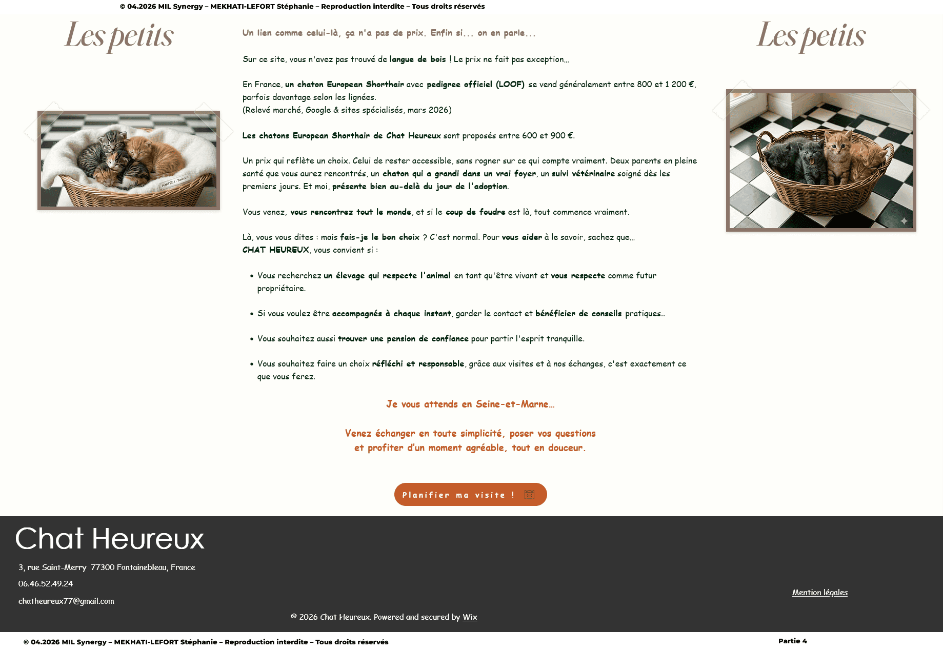 Dernière partie de la page de vente n°2, on donne les tarifs, il y'a la photos des deux dernières portées. Puis le CTA final. Faite par Stéphanie MEKHATI-LEFORT, dirigeante de MIL Synergy, Copywritrice certifiée.