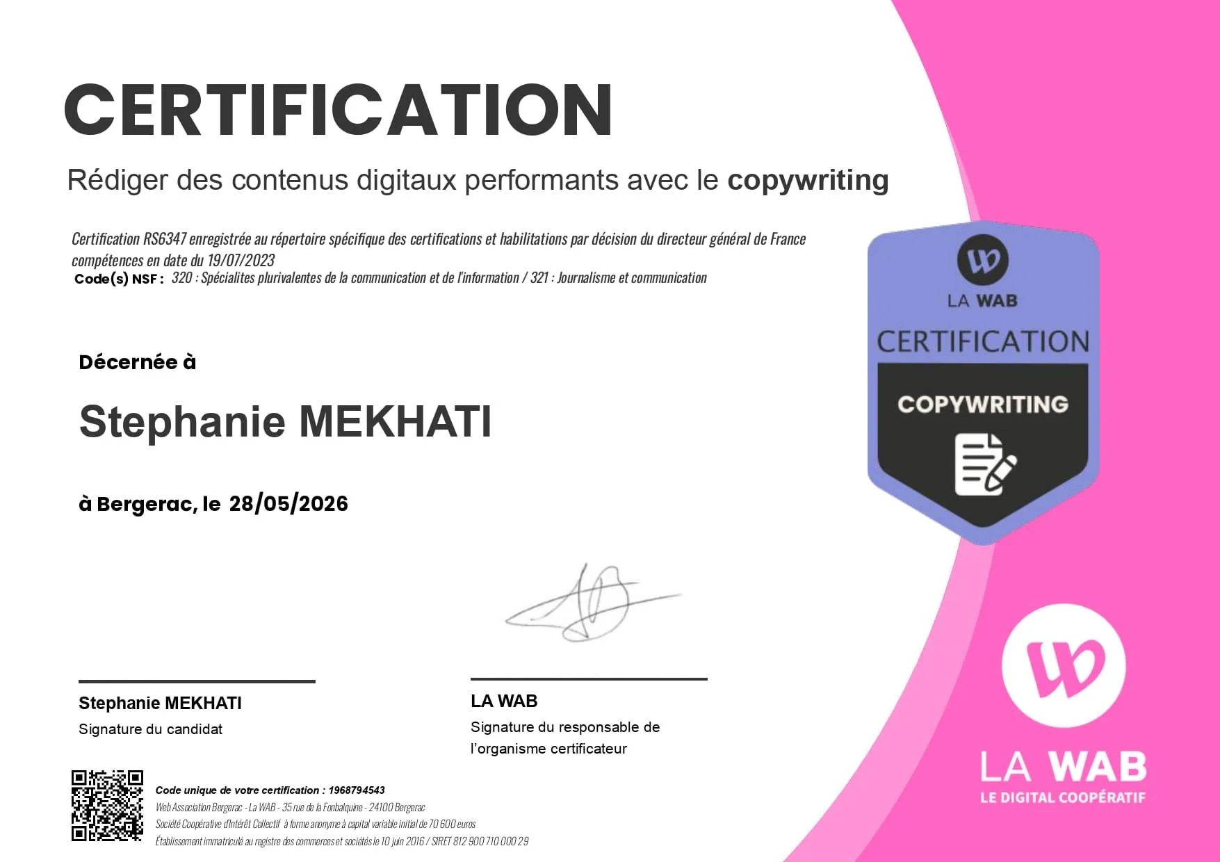 Certification Copywriting obtenu par Stéphanie MEKHATI-LEFORT dirigeante de MIL Synergy
