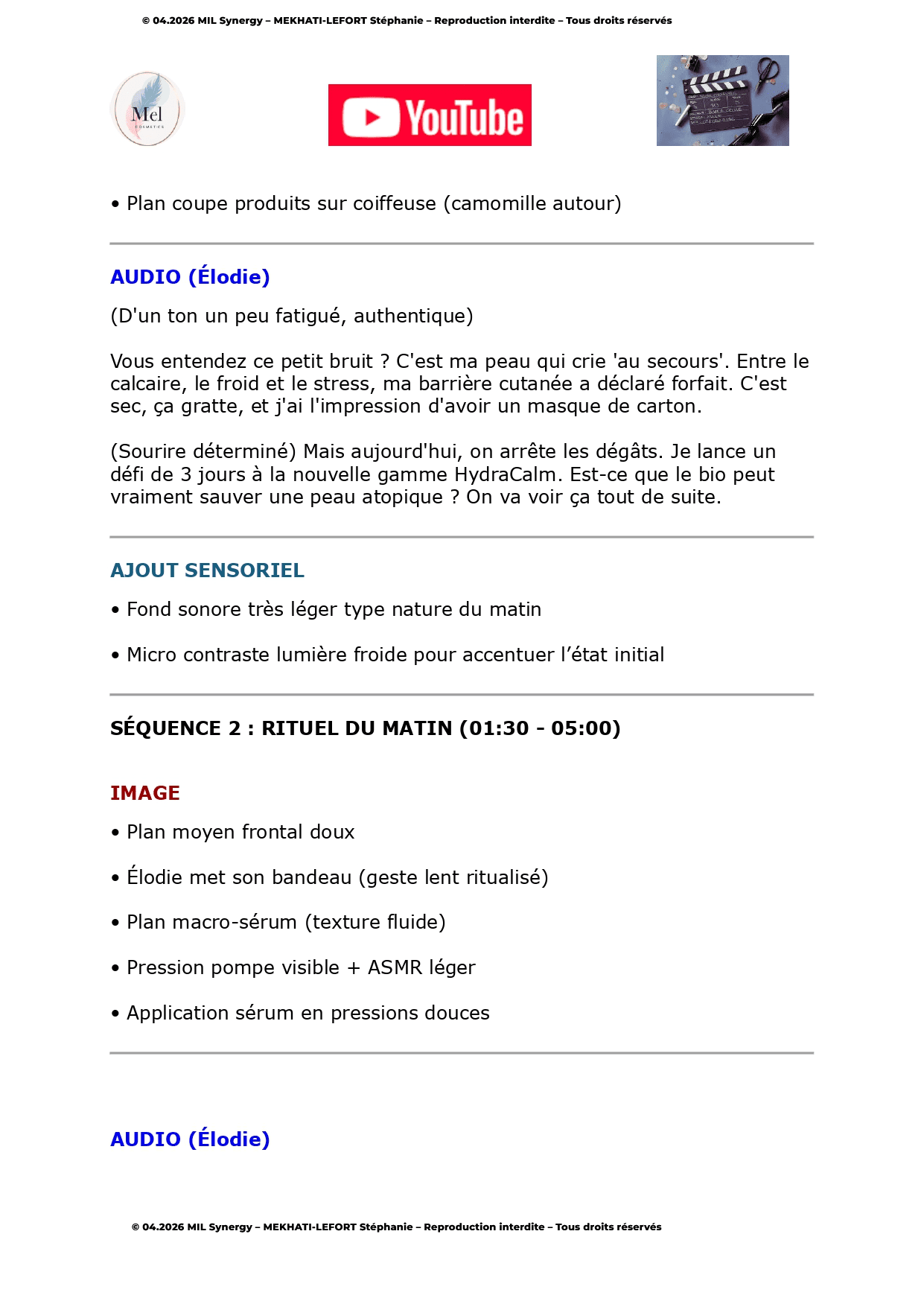 Portfolio : Script Youtube, Page 2. Par Stéphanie MEKHATI-LEFORT, dirigeante de MIL Synergy, Copywritrice certifiée.