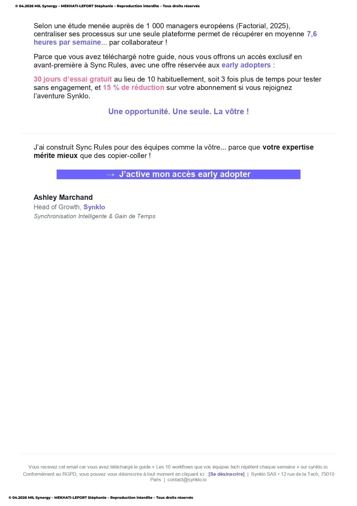 Portfolio : Mailing de prospection pour le secteur SaaS, Page 2. Par Stéphanie MEKHATI-LEFORT, dirigeante de MIL Synergy, Copywritrice certifiée.