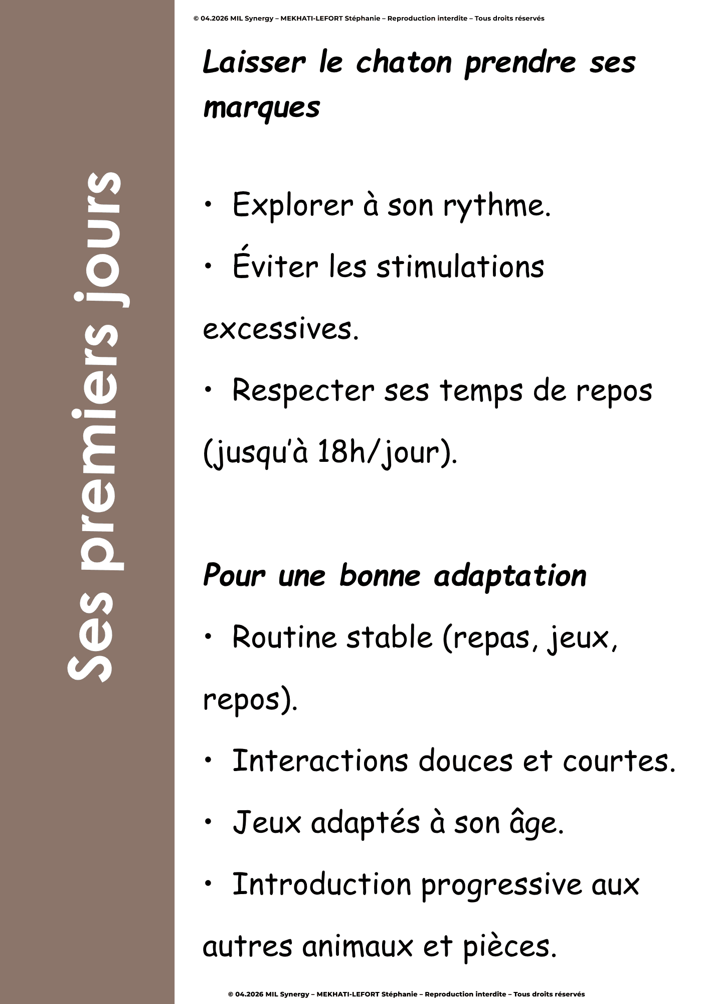 Portfolio Lead Magnet, quatrième page, titre : ses premiers jours, donne des conseils. Fait par Stéphanie MEKHATI-LEFORT, dirigeante de MIL Synergy, Copywritrice certifiée.