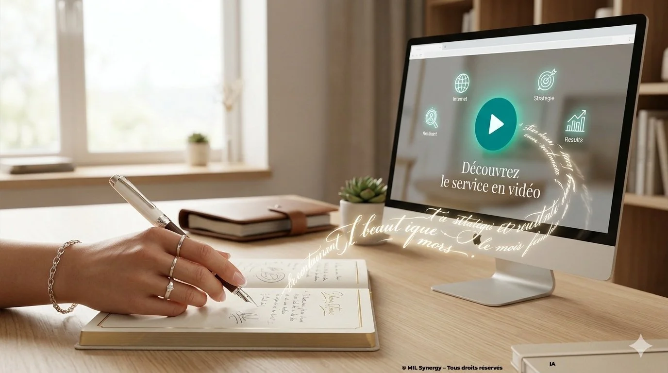 Stéphanie MEKHATI-LEFORT nous propose de découvrir d'un simple clic, ses services de Copywritrice freelance. Un bureau en bois, avec une main qui écrit au stylo à plus sur un carnet et les mots volent jusqu'à un PC tout en un.
