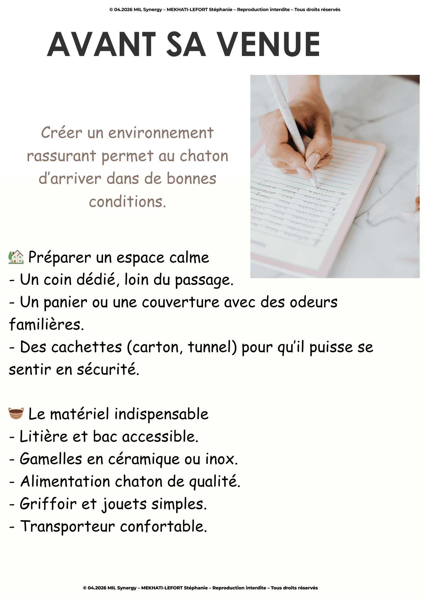 Portfolio Lead Magnet, 3ème page, avant sa venue, liste ce qui doit être préparé, il y'a une photo de check liste. Fait par Stéphanie MEKHATI-LEFORT, dirigeante de MIL Synergy, Copywritrice certifiée.