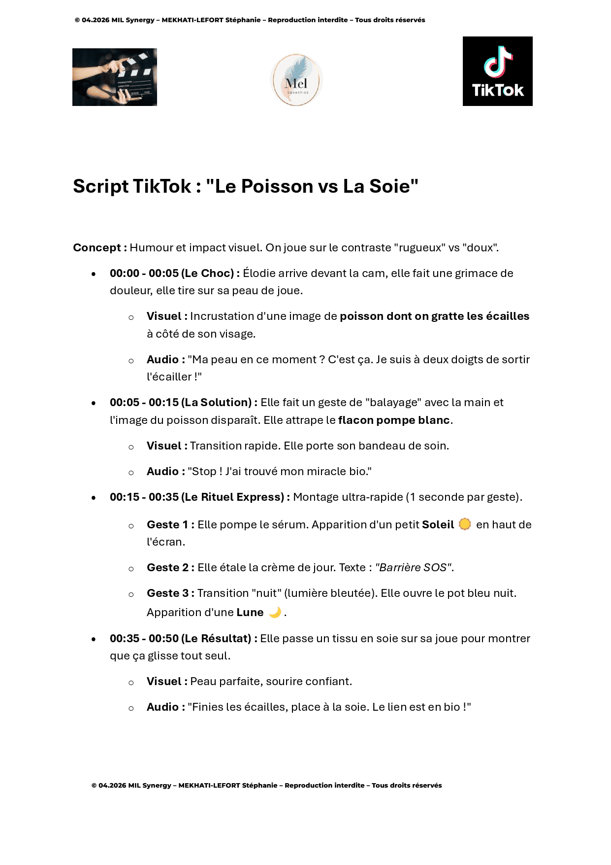 Portfolio : Script TikTok. Par Stéphanie MEKHATI-LEFORT, dirigeante de MIL Synergy, Copywritrice certifiée.