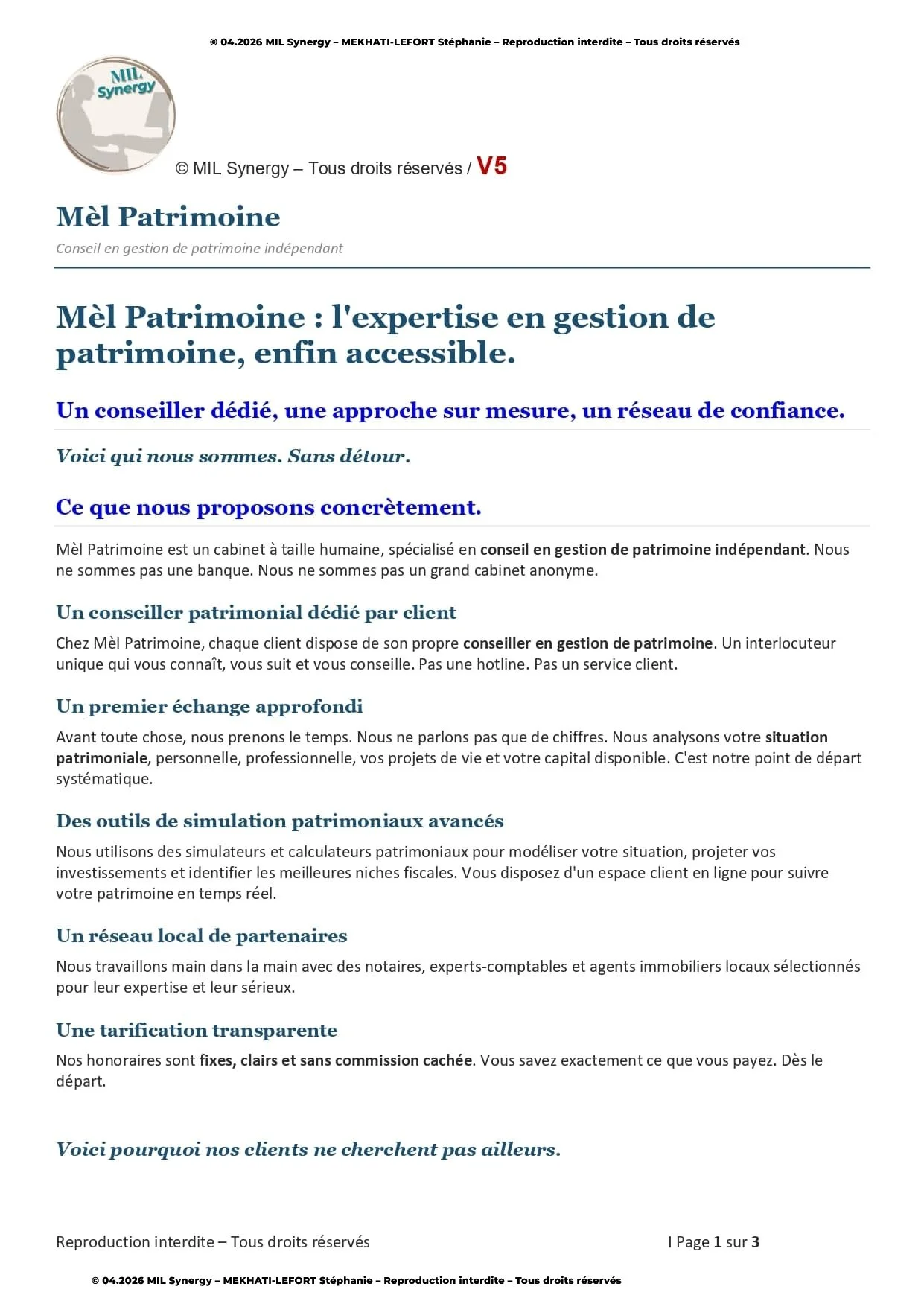 Portfolio : Page de vente V5, Page 1. Par Stéphanie MEKHATI-LEFORT, dirigeante Mil Synergy, Copywritrice certifiée.
