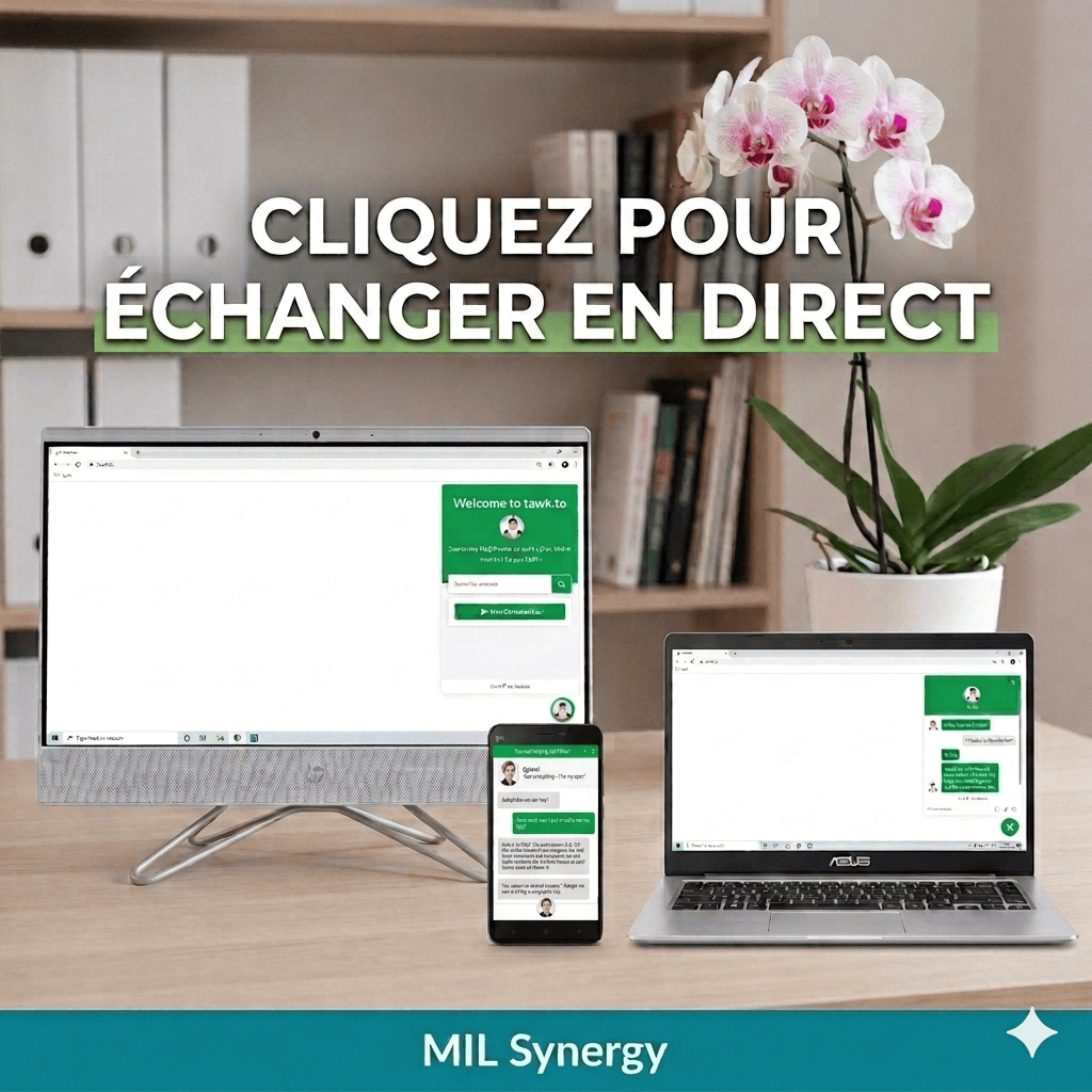 On voit le bureau de MIL Synergy et l'interface Tawk.to qui permets d'échanger en directe avec Stéphanie MEKHATI-LEFORT (la dirigeante)  en directe.