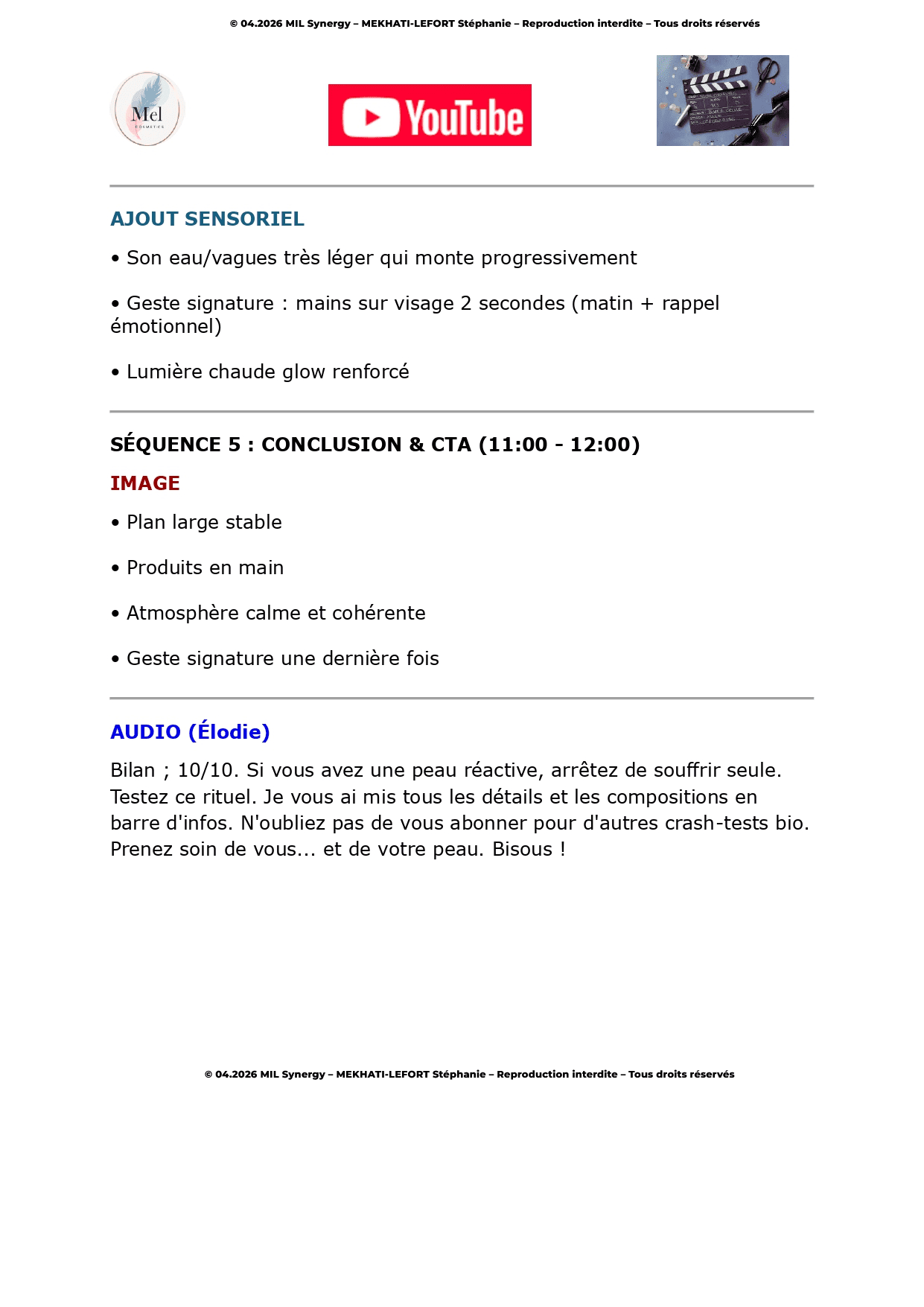 Portfolio : Script Youtube, Page 5. Par Stéphanie MEKHATI-LEFORT, dirigeante de MIL Synergy, Copywritrice certifiée.