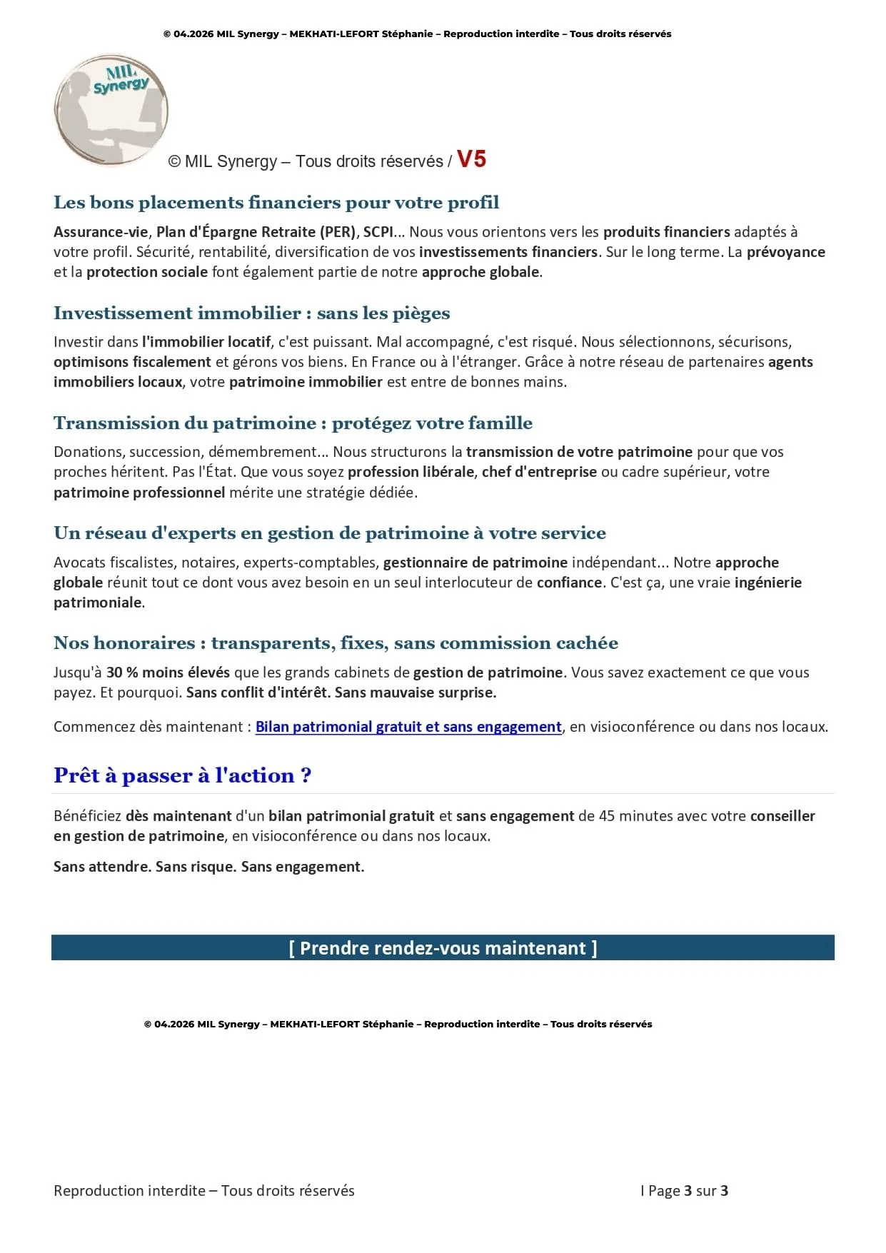 Portfolio : Page de vente V5, Page 3. Par Stéphanie MEKHATI-LEFORT, dirigeante Mil Synergy, Copywritrice certifiée.