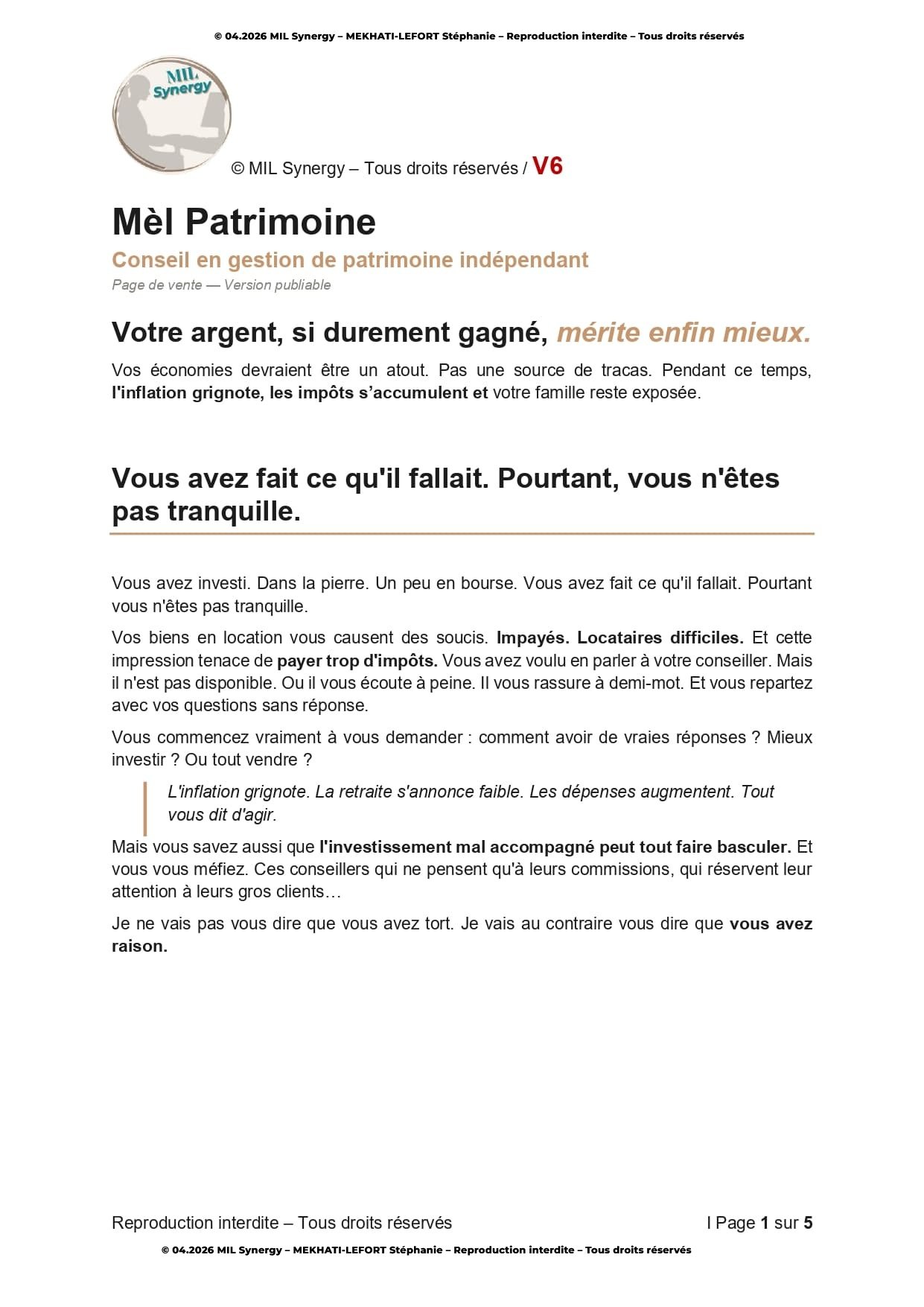 Portfolio : Page de vente V6, Page 1. Par Stéphanie MEKHATI-LEFORT, dirigeante Mil Synergy, Copywritrice certifiée.
