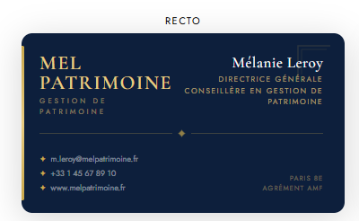 Carte de visite pour gestionnaire patrimoine. Moderne le recto est foncé, reprends toutes les informations et charte graphique. Faite via Canva par Mme MEKHATI-LEFORT Stéphanie dirigeante de MIL Synergy.