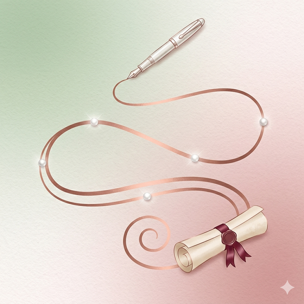 L'image et carré d'un coté un rose poudré (féminin) et l'autre vert claire (rappel de la couleur principale MIL Synergy) on voit un stylo plume qui dessine un parcours, avec des perles qui marques les points importants et un diplome enroulé.