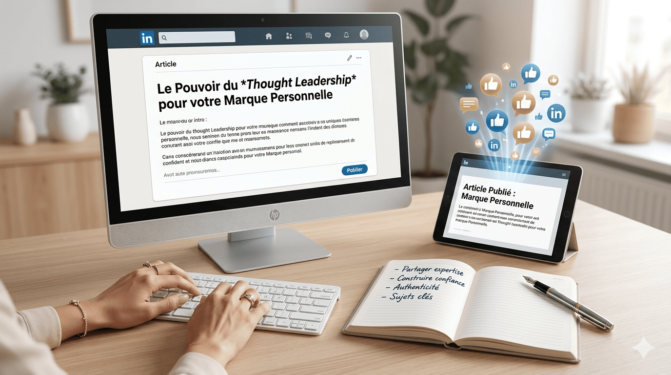 Article LinkedIn MIL Synergy écrits par Stéphanie MEKHATI-LEFORT. L'image représente un bureau claire, sur le PC l'article en cours de rédaction, à coté un carnet avec des notes manuscrite, un stylo plume et une tablette avec l'article publié.
