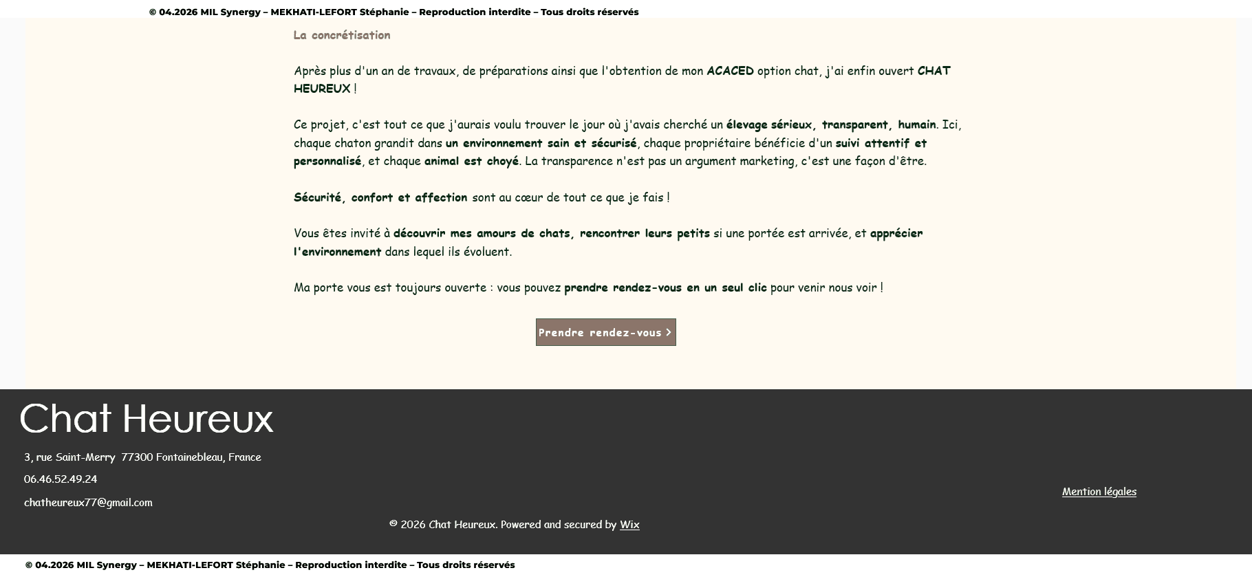 Portfolio : Fin de la page à propos, nous sommes à la concrétisation, à la fin on nous invite à visiter l'élevage et la pension. Faite par Stéphanie MEKHATI-LEFORT, dirigeante de MIL Synergy, Copywritrice certifiée.