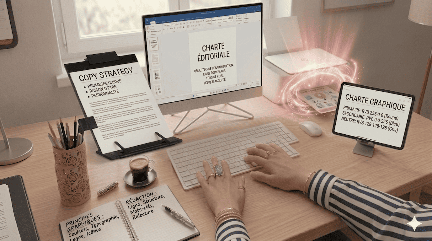 Un bureau de bois claire, sur le PC une charte éditoriale en cours de rédaction, sur le porte document une Copy Strategy en cours de correction et sur la tablette une charte graphique. Le tout dans un environnement organissée celui de MIL Synergy.