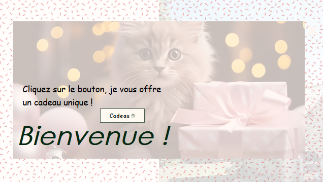Portfolio : Page pop avec un arrière plan mais surtout un chaton et un cadeau, puis un texte qui intrigue et souhaite la bienvenue. Fait par Stéphanie MEKHATI-LEFORT, dirigeante de MIL Synergy, Copywritrice certifiée.