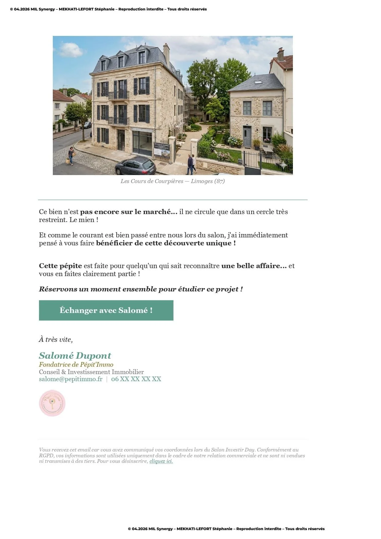 Portfolio : Mail de prospection investissement, Page 2. Par Stéphanie MEKHATI-LEFORT, dirigeante de MIL Synergy, Copywritrice certifiée.