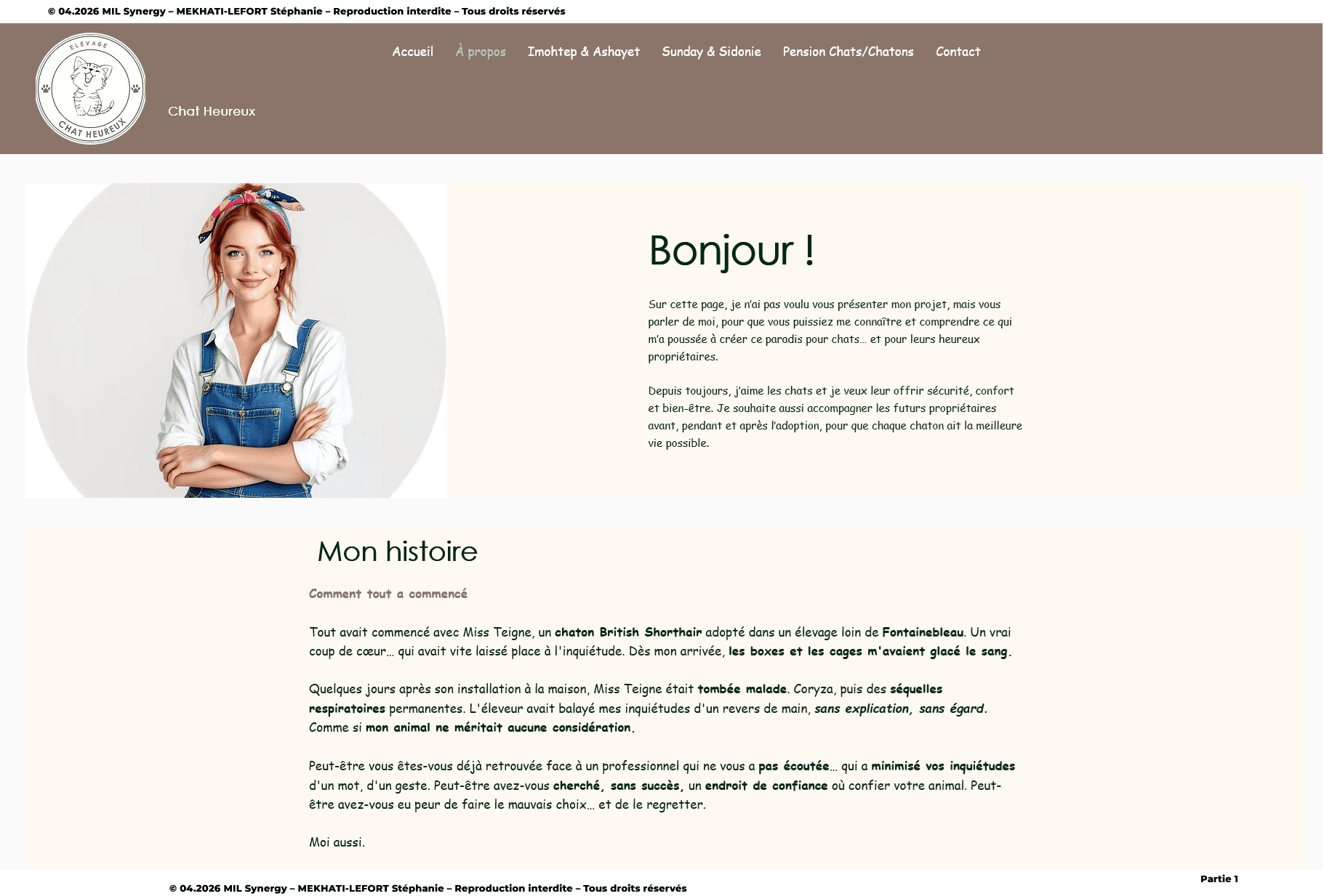 Portfolio : Page à propos, sur cette partie on voit la photo de la propriétaire, une petit texte qui commence par Bonjour ! Elle se présente brièvement. Faite par Stéphanie MEKHATI-LEFORT, dirigeante de MIL Synergy, Copywritrice certifiée.