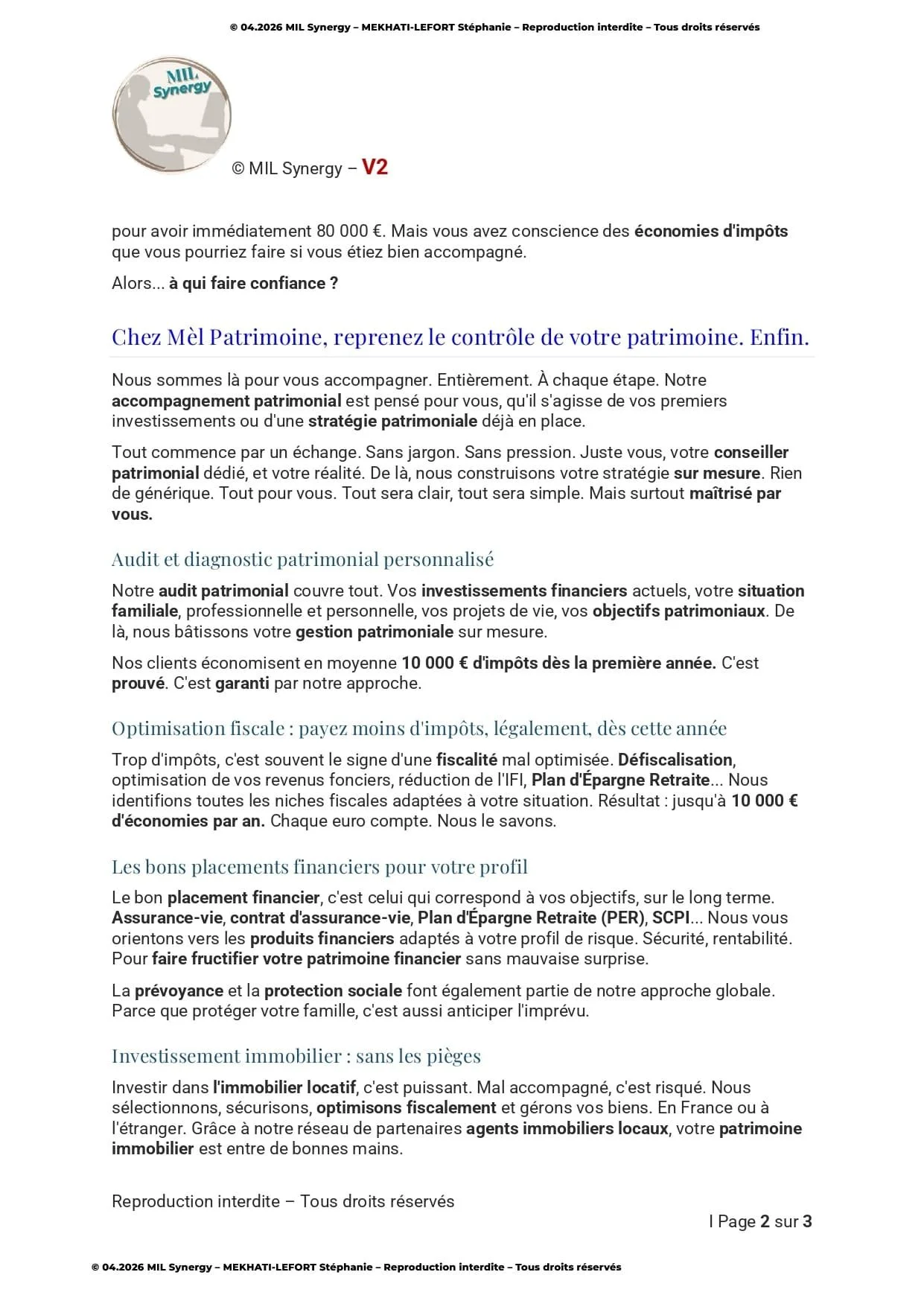 Portfolio : Page de vente V2, Page 2. Par Stéphanie MEKHATI-LEFORT, dirigeante Mil Synergy, Copywritrice certifiée.